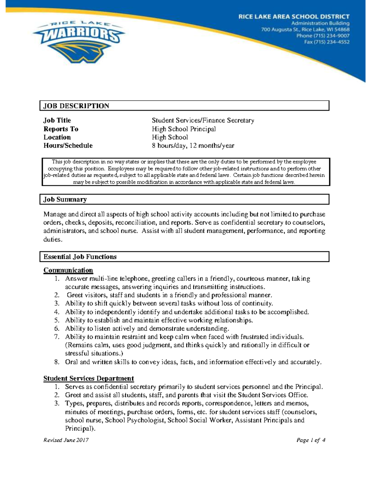 HS Finance-SS Secretary Job Description and Responsibilities - Studocu