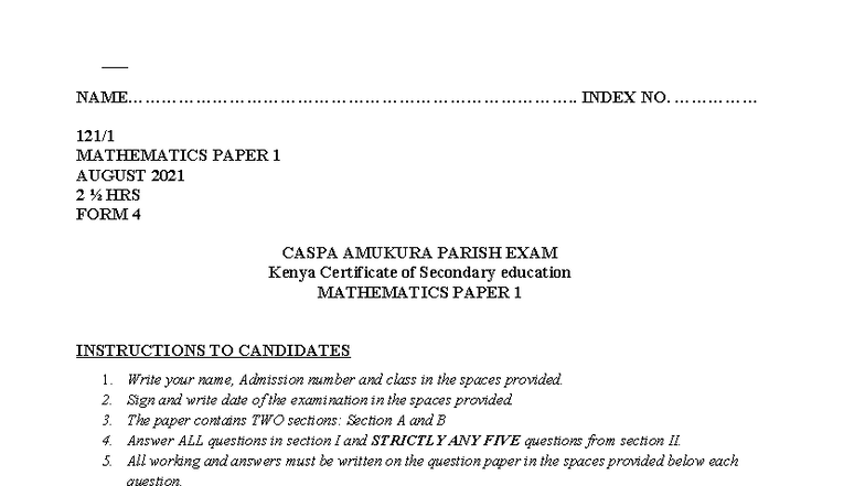 Mathematics Paper 1 Form 4 August 2021 - CASPA Exam Guide - Studocu