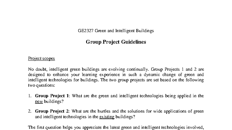 GE2327 Group Project Guidelines: Green & Intelligent Buildings - Studocu