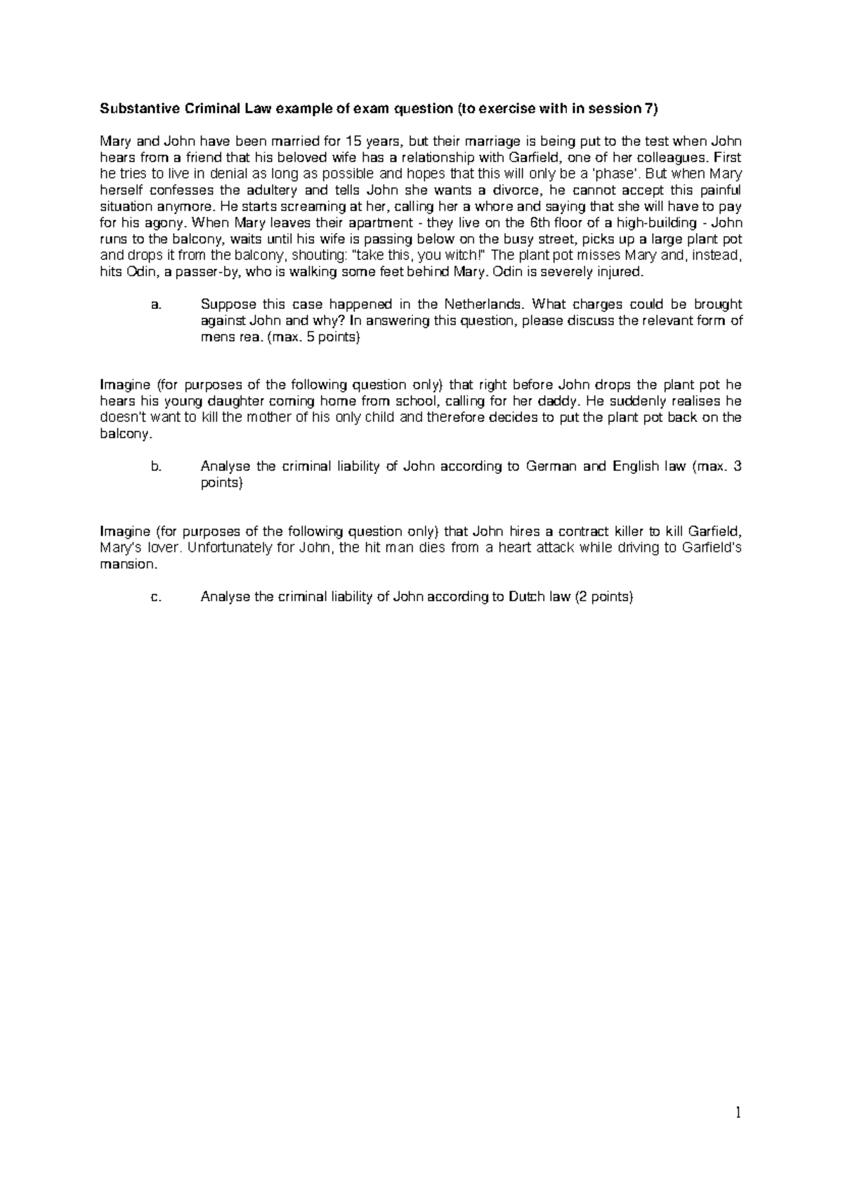Substantive Criminal Law Example Exam Question (Session 7) - Studeersnel
