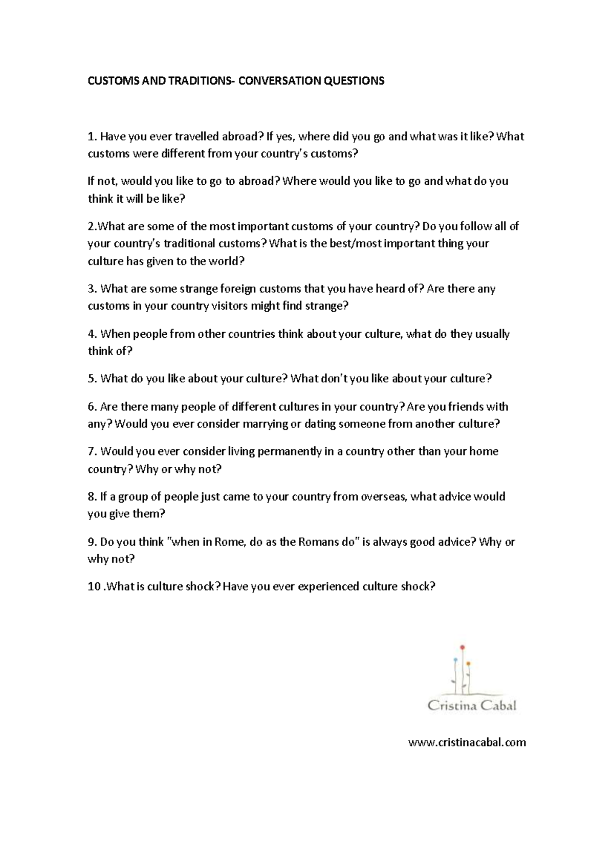 Customs and Traditions Conversation Questions - Speaking B2 - Studocu