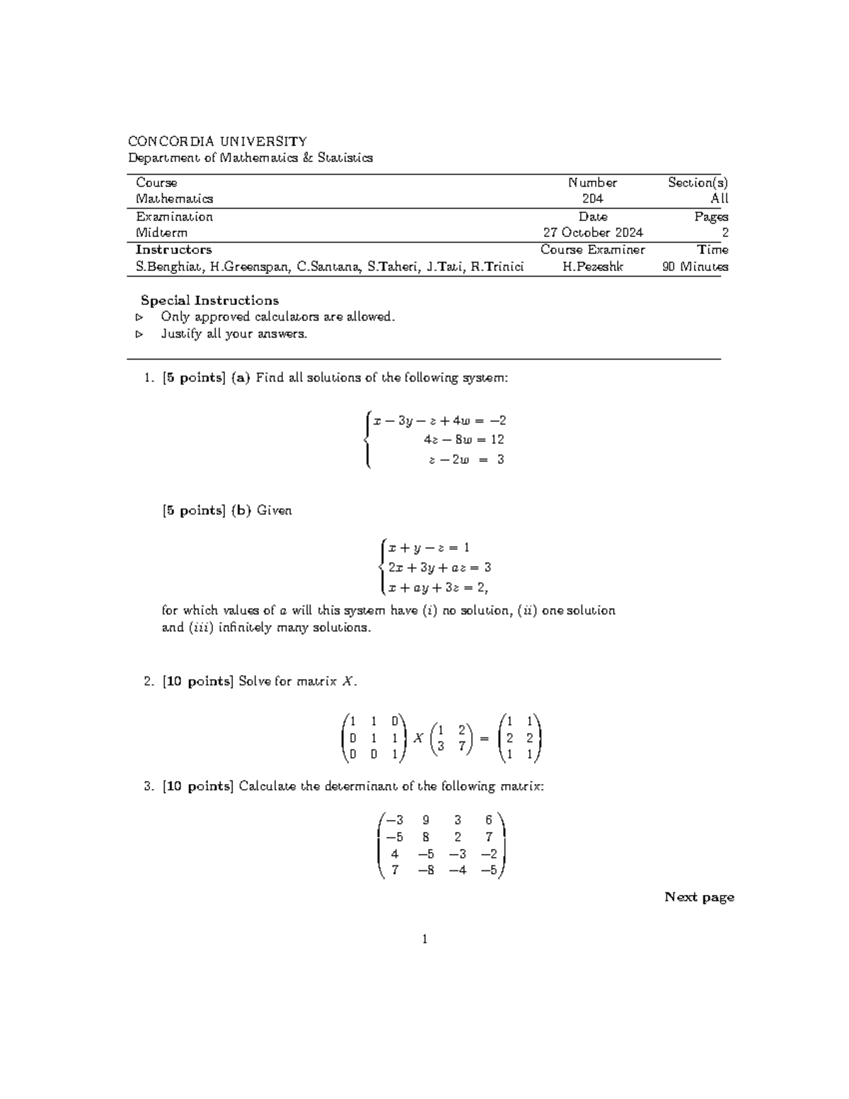 Midterm Exam MATH204 - Mathematics Statistics Fall 2024 - Studocu