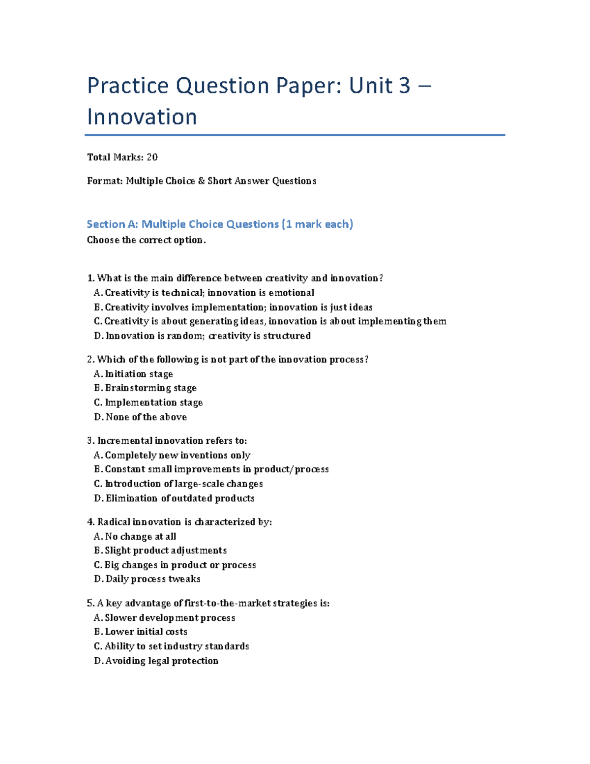 Innovation Unit 3 Practice Question Paper: MCQs & Short Answers - Studocu