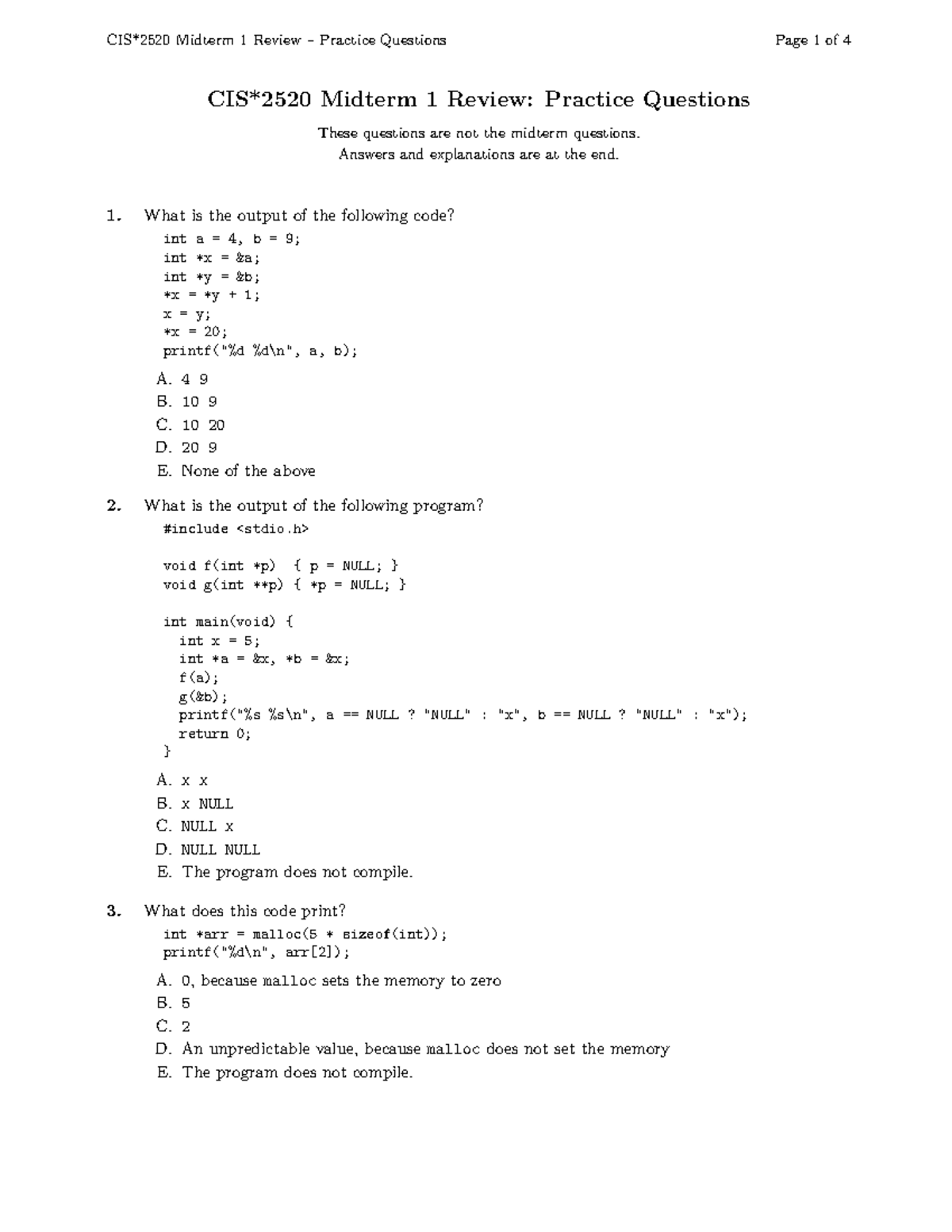 CIS*2520 Midterm 1 Review: Practice Questions - Studocu
