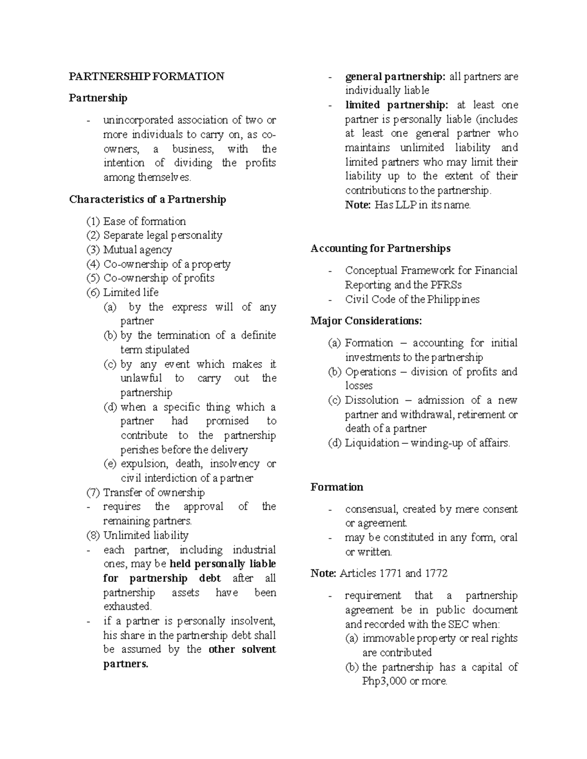 Partnership Formation Notes - Financial Accounting - ANTEO - Studocu