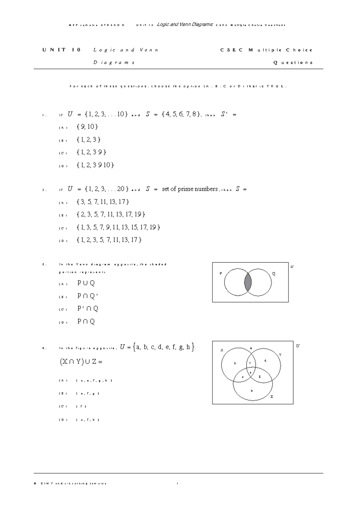 MEP Jamaica: STRAND D UNIT 10 Logic & Venn Diagrams CSEC MCQs - Studocu