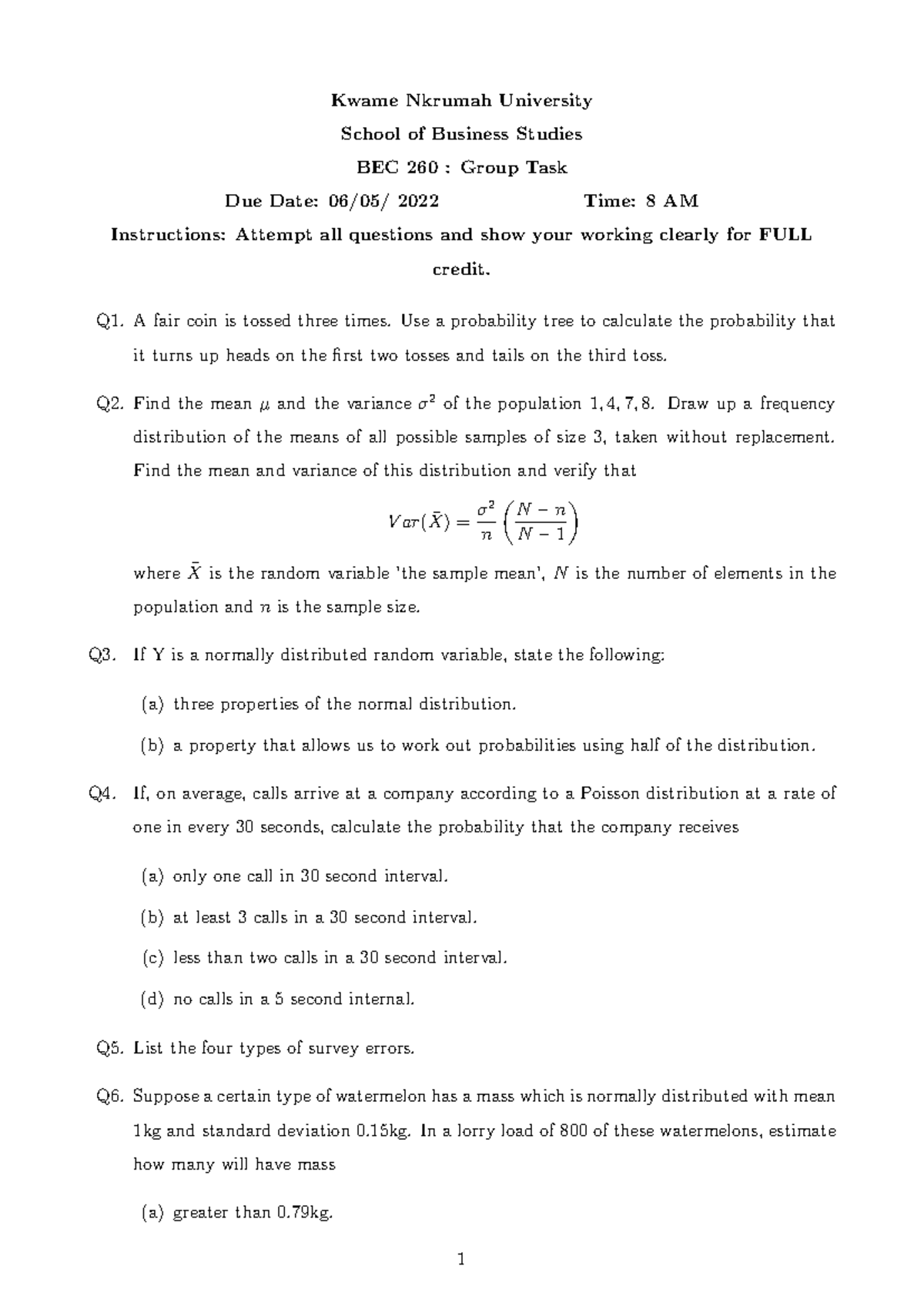 BEC 260 Group Task - Probability and Statistics Exercises - Studocu