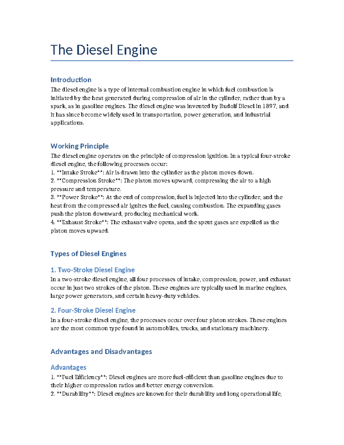 diesel notes history - The Diesel Engine Introduction The diesel engine ...