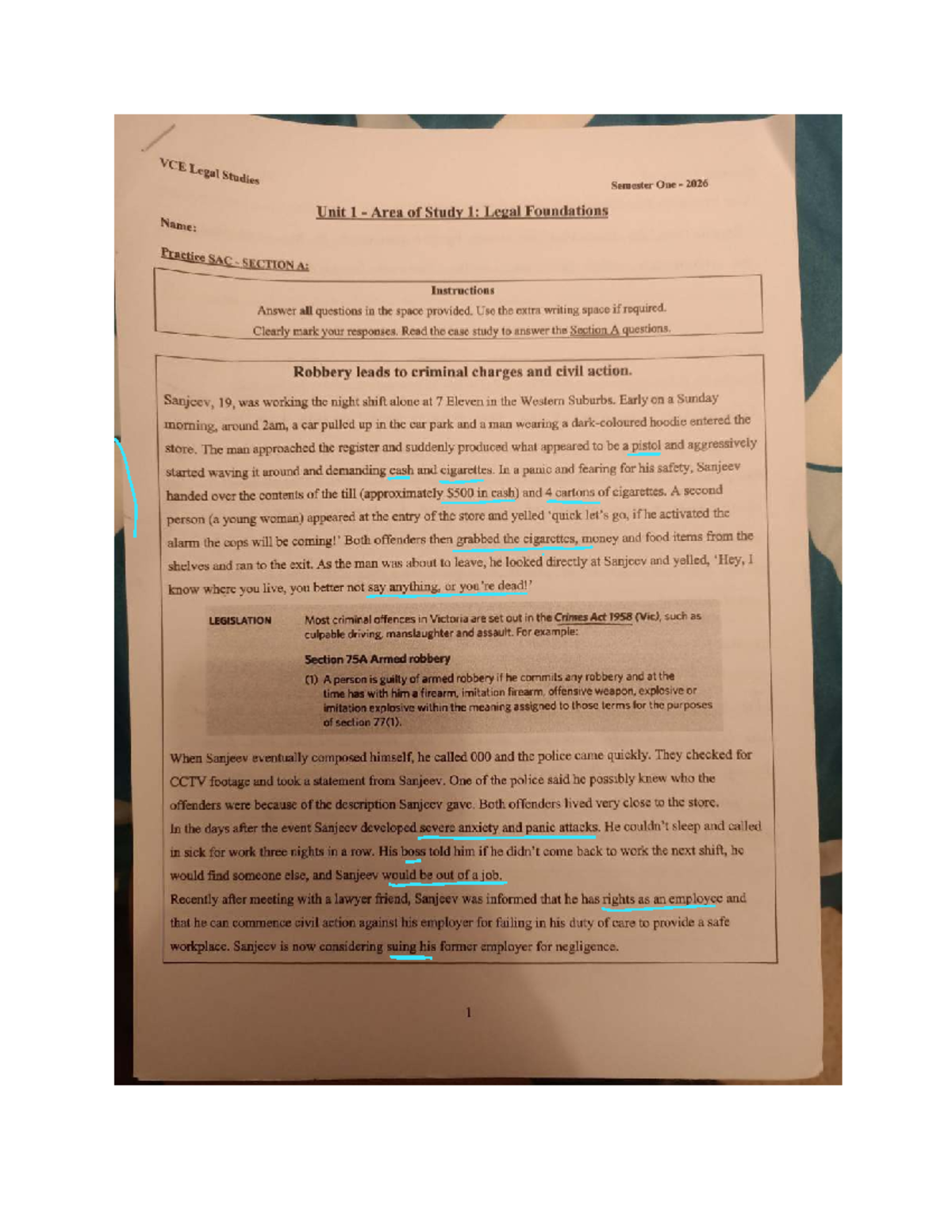 VCE Legal Studies Unit 1: Legal Foundations Case Study Analysis - Studocu
