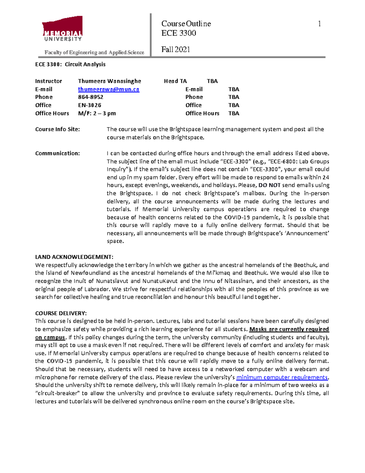 ECE 3300 Circuit Analysis Course Outline - Fall 2021 - Studocu