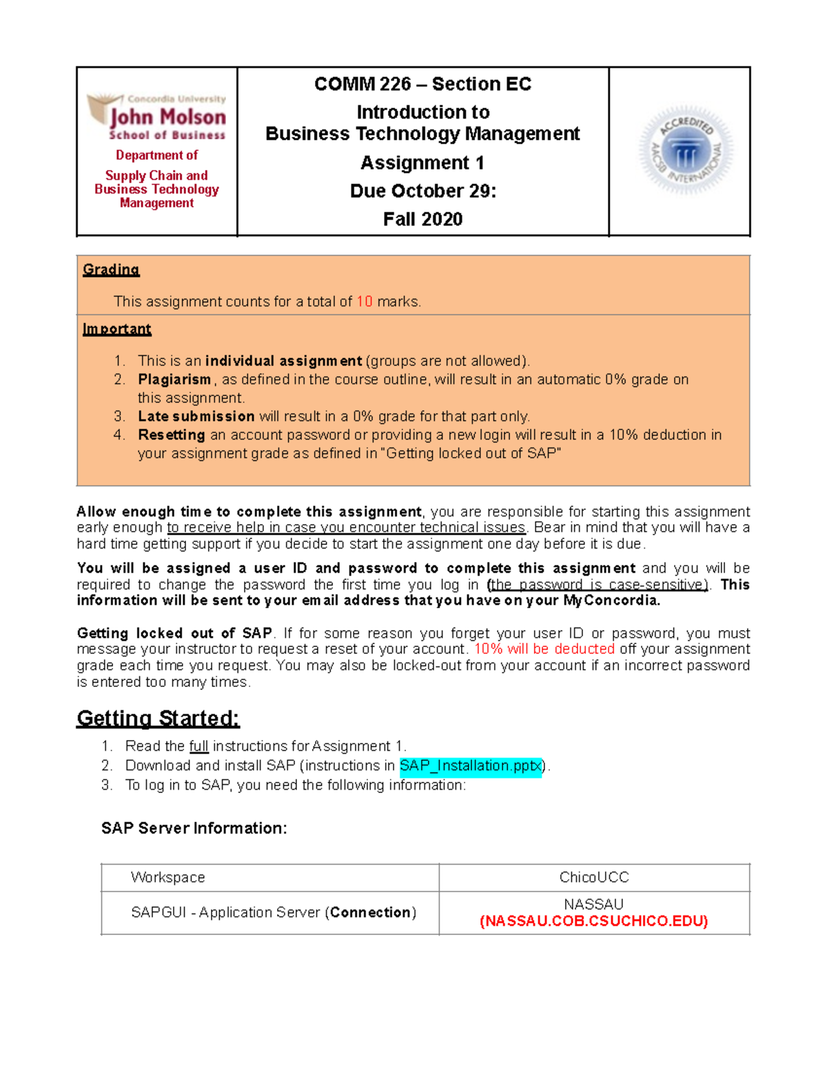 COMM 226 - Sec EC: SAP Assignment 1 Instructions & Guidance for Fall ...