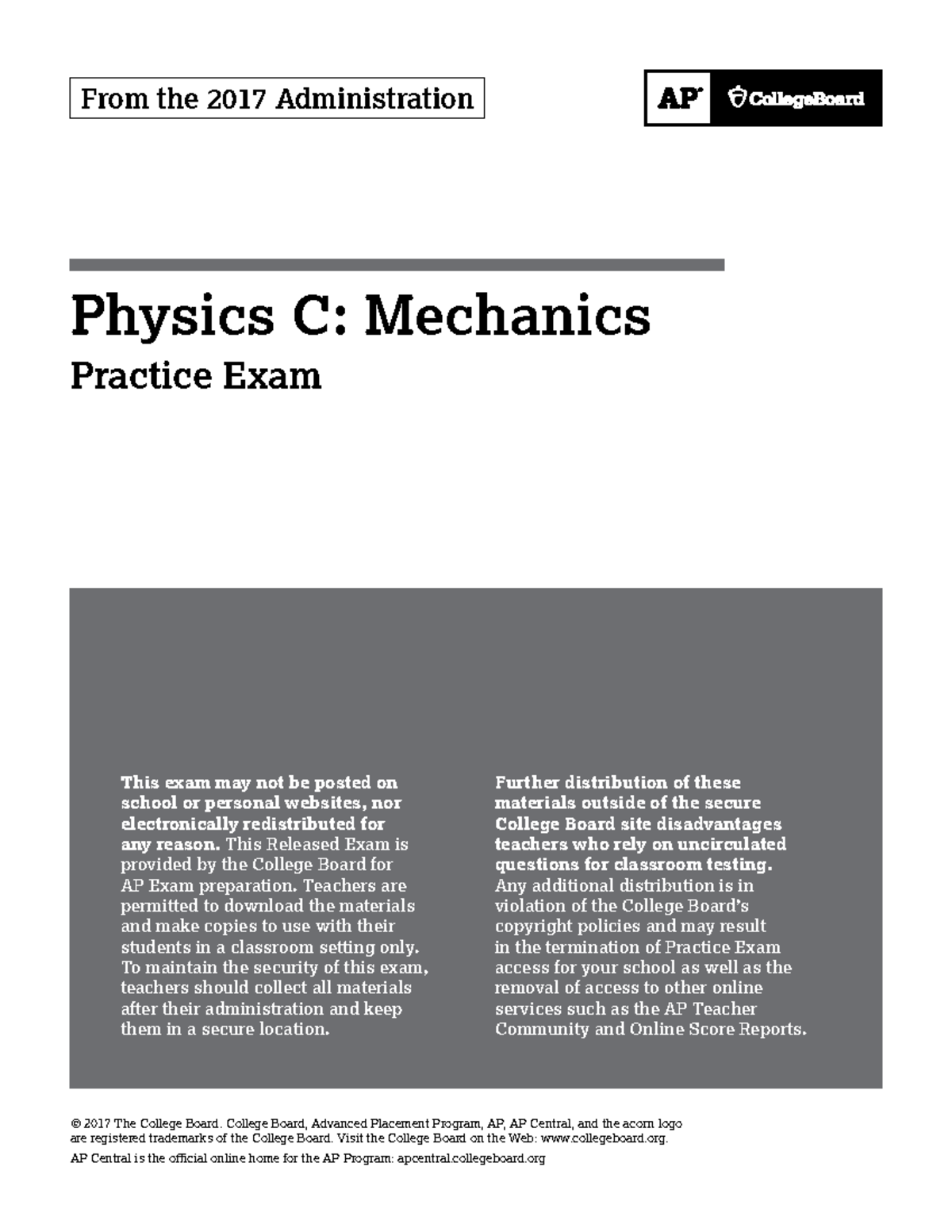 AP Physics C: Mechanics 2017 Practice Exam Materials - Studocu