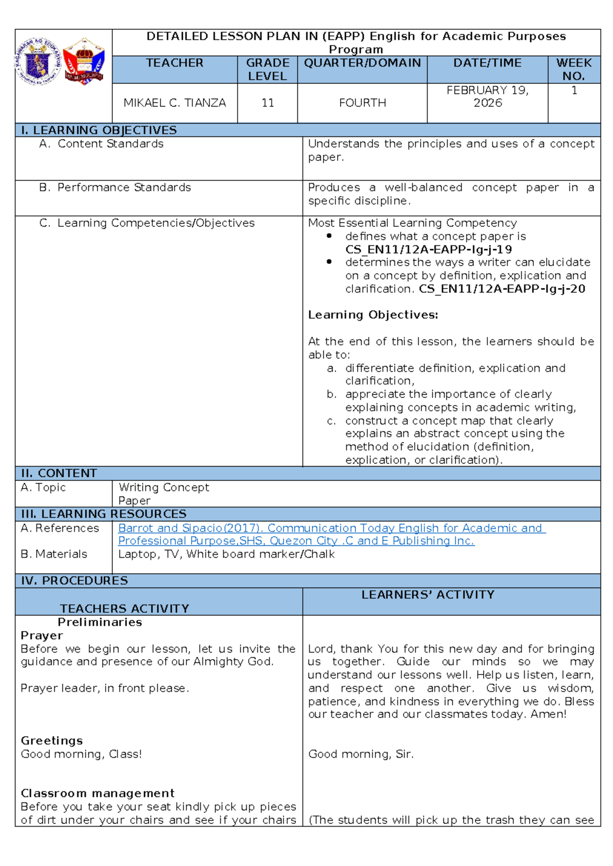 EAPP - Detailed Lesson Plan on Writing Concept Papers - Studocu