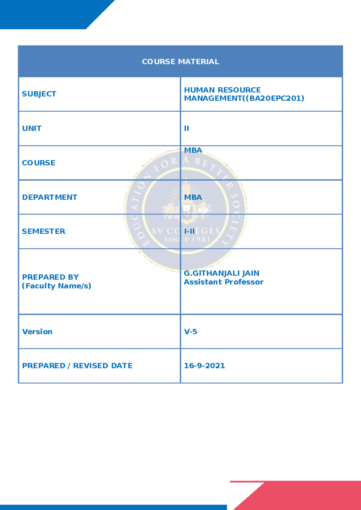 HRM Unit II Course Material (BA20EPC201) - Human Resource Management ...