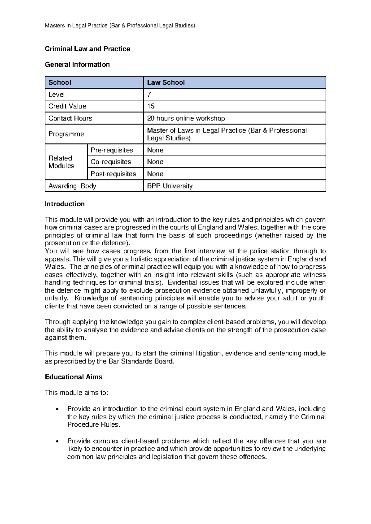 BTC PLS CLP Criminal Law & Practice Module Overview - Studocu