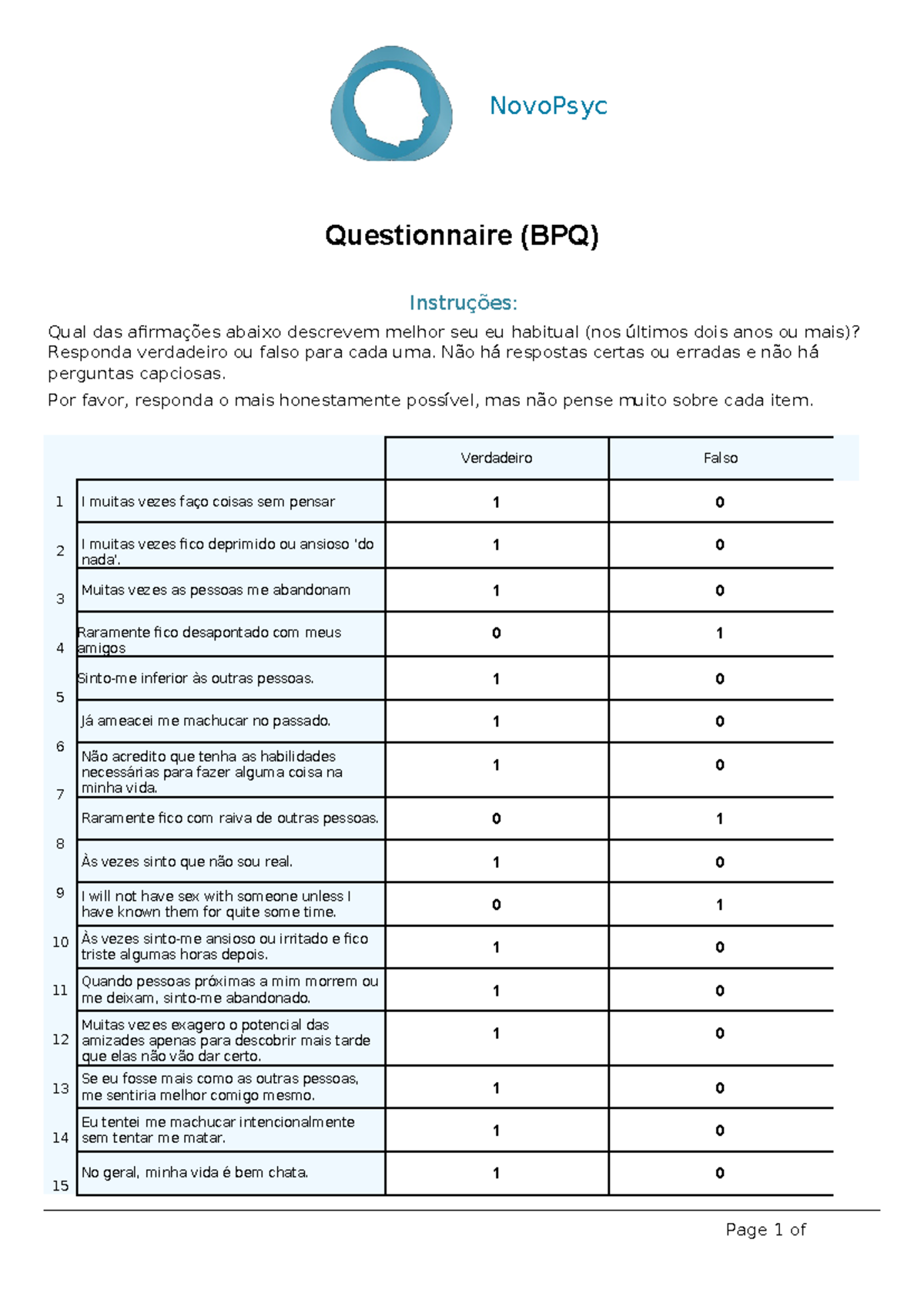 Questionario BPQ - Questionário - h Page 1 of Questionnaire (BPQ ...