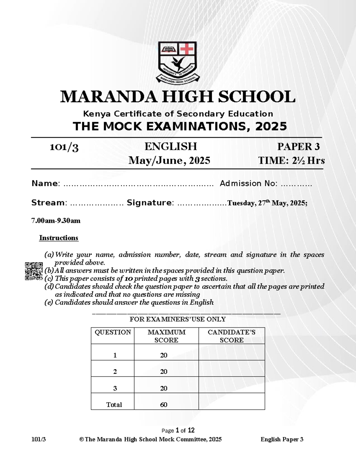 MARANDA HIGH SCHOOL KCSE 2025 Mock Exam English Paper 3 - Studocu