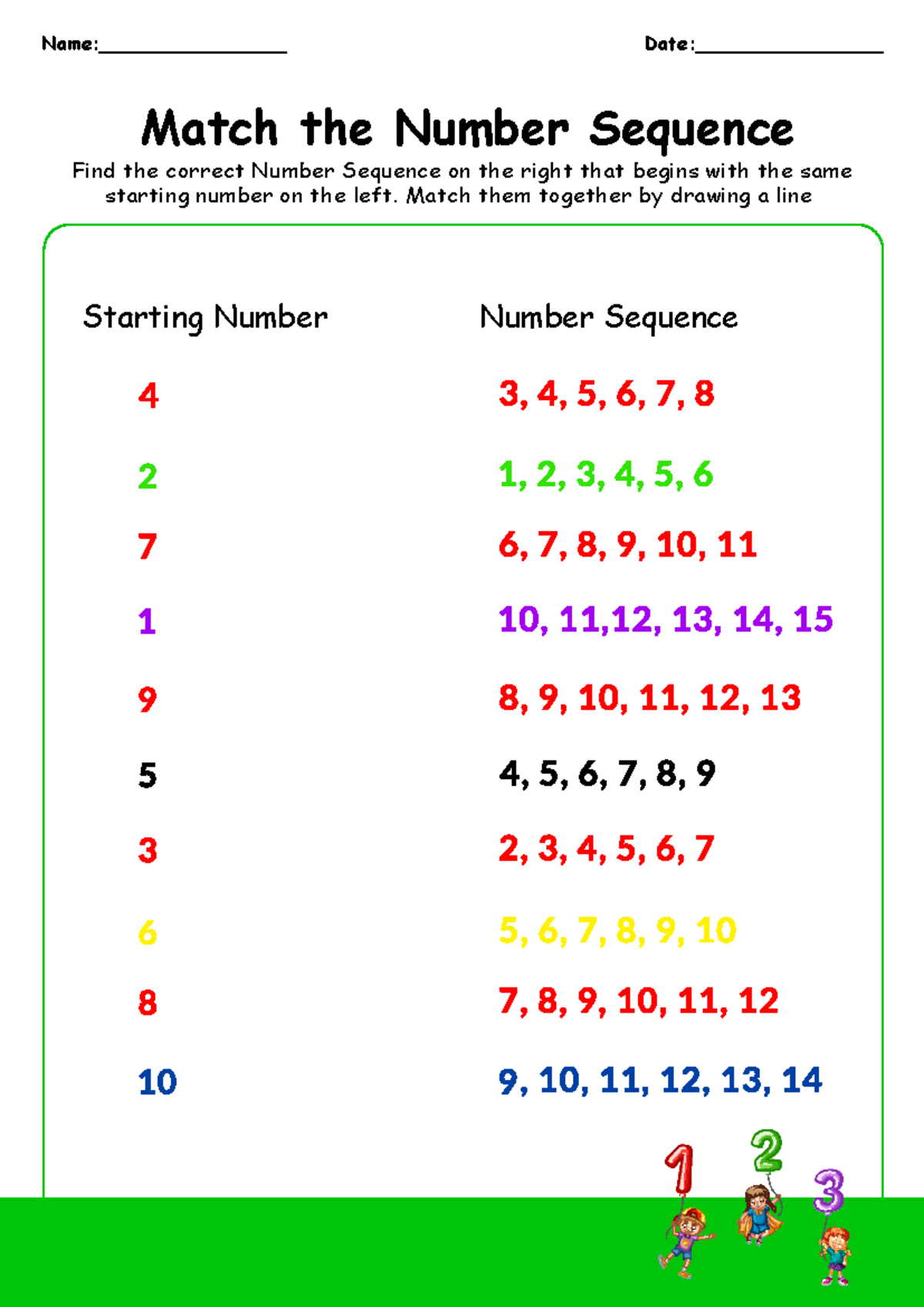 Matching Number Sequences - Kindergarten Worksheet - Starting Number ...