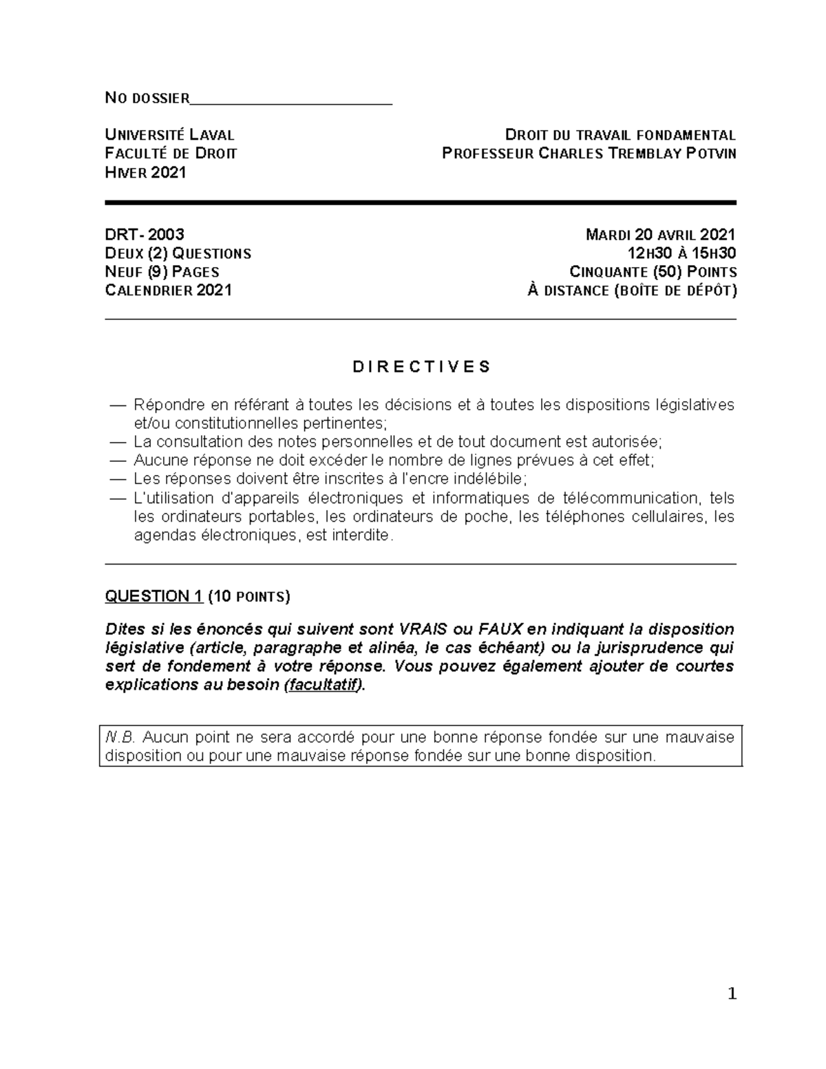 Examen final DRT-2003 : Droit du travail pour Hiver 2021 - Studocu