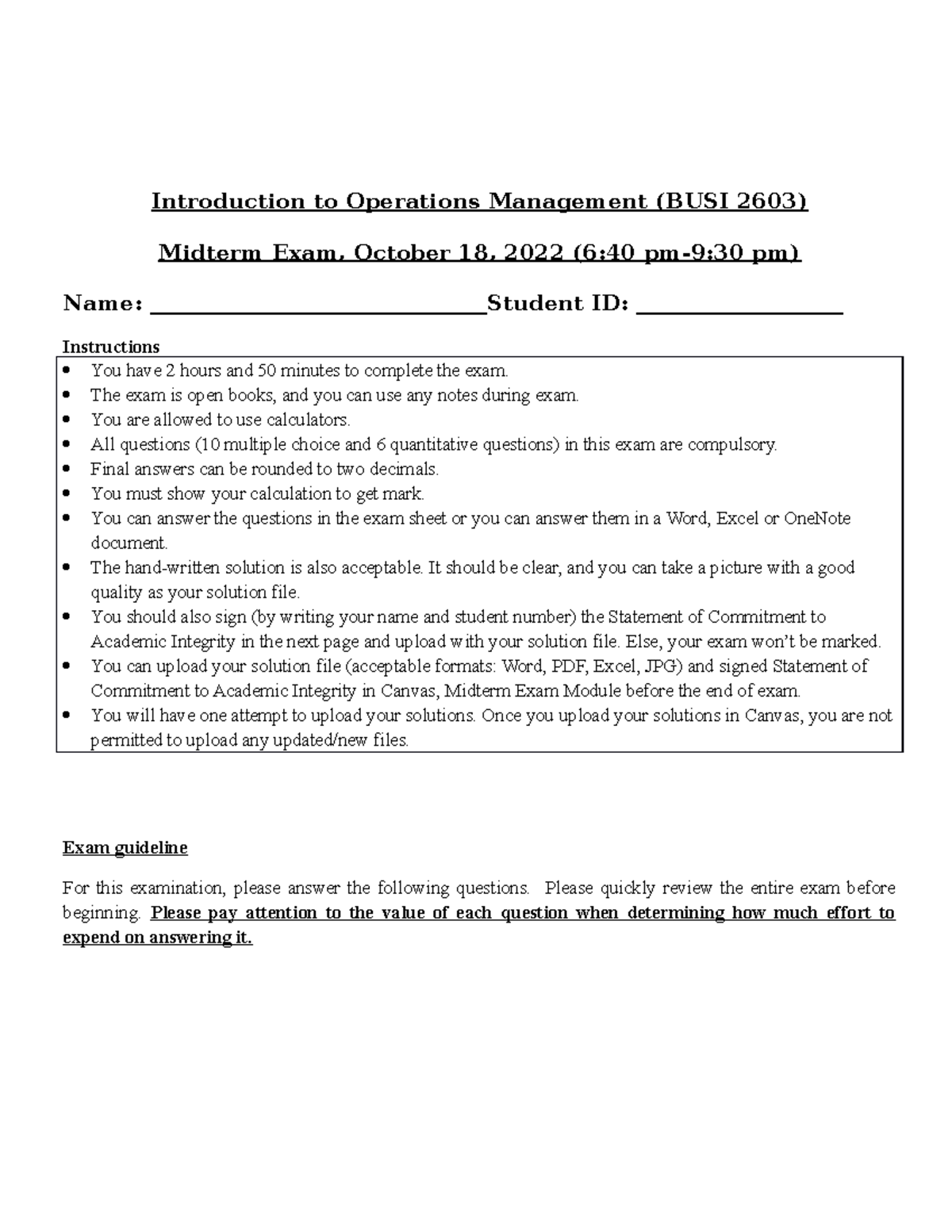 Midterm Exam 2022 Solutions for Operations Management (BUSI 2603) - Studocu