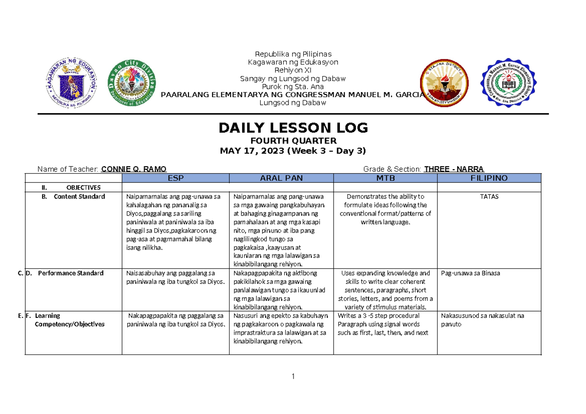 Daily Lesson Log (DLL) Q4 - Week 3 - Day 3 - Studocu