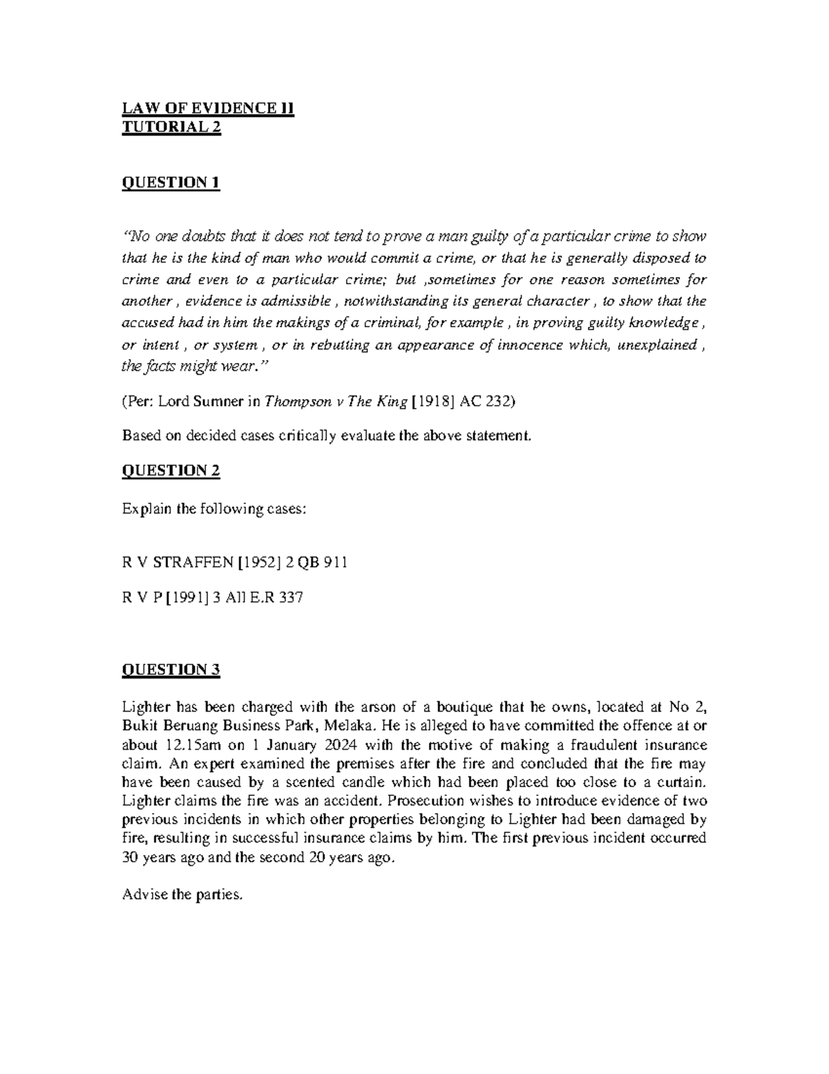 LAW 102: Tutorial 2 Questions on Law of Evidence II Analysis - Studocu
