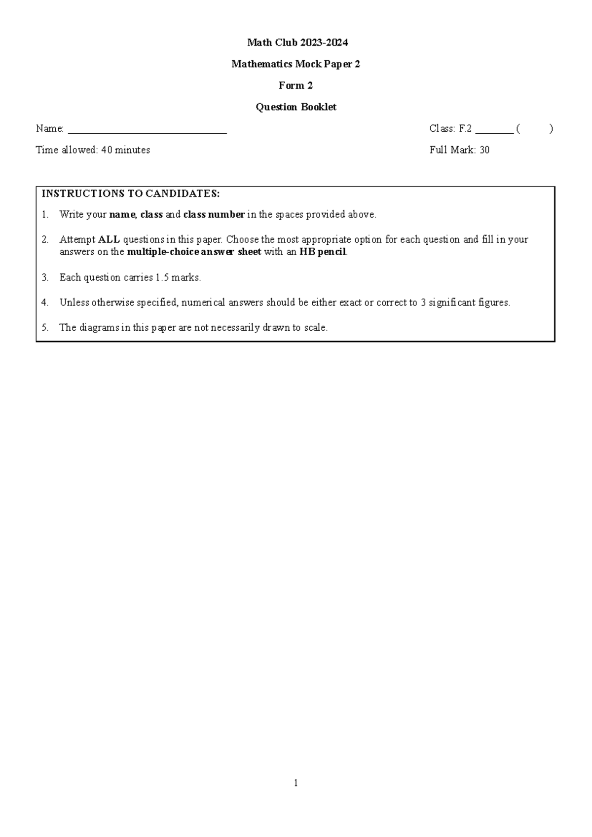 Math Club F2 Mock Paper 2: Mathematics Practice Questions - Studocu