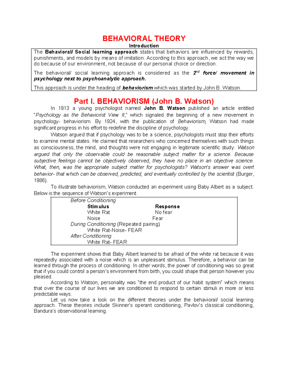 BEH 301: Behavioral Theory Lecture Summary Outline - Studocu