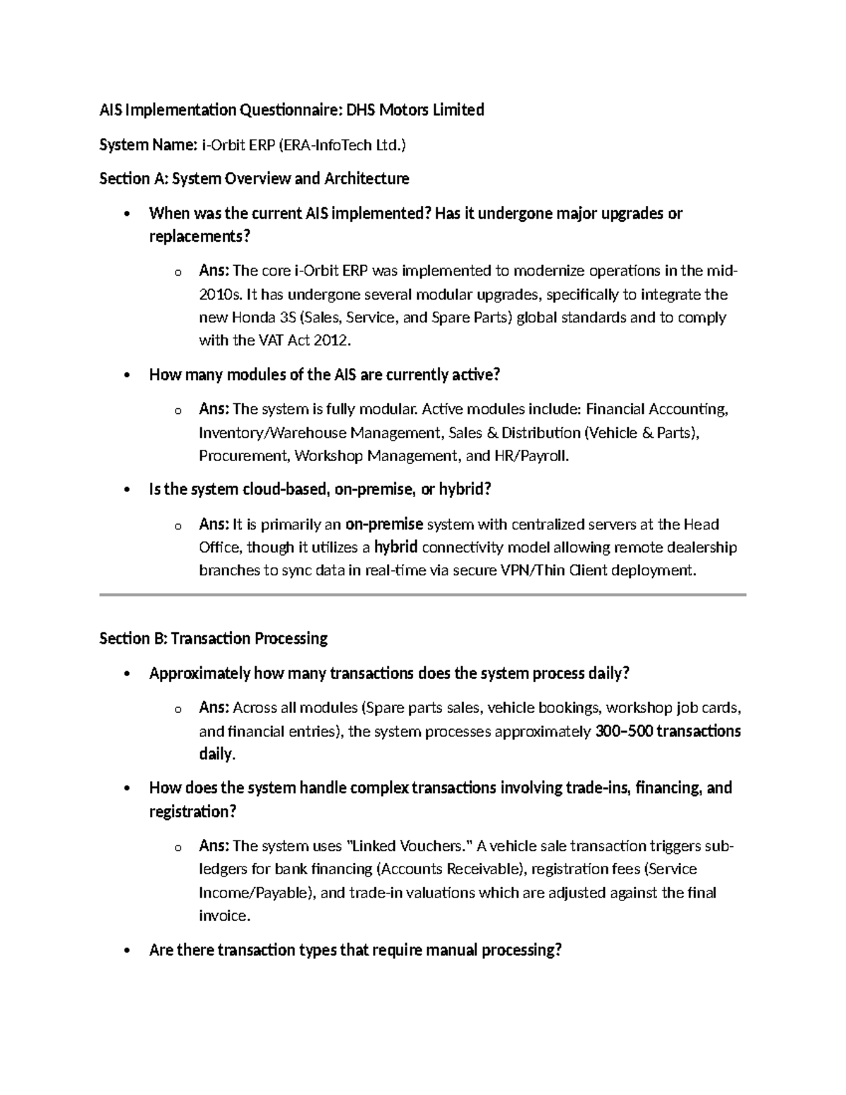 AIS Implementation Questionnaire: ERP Ltd. System Overview and Insights ...