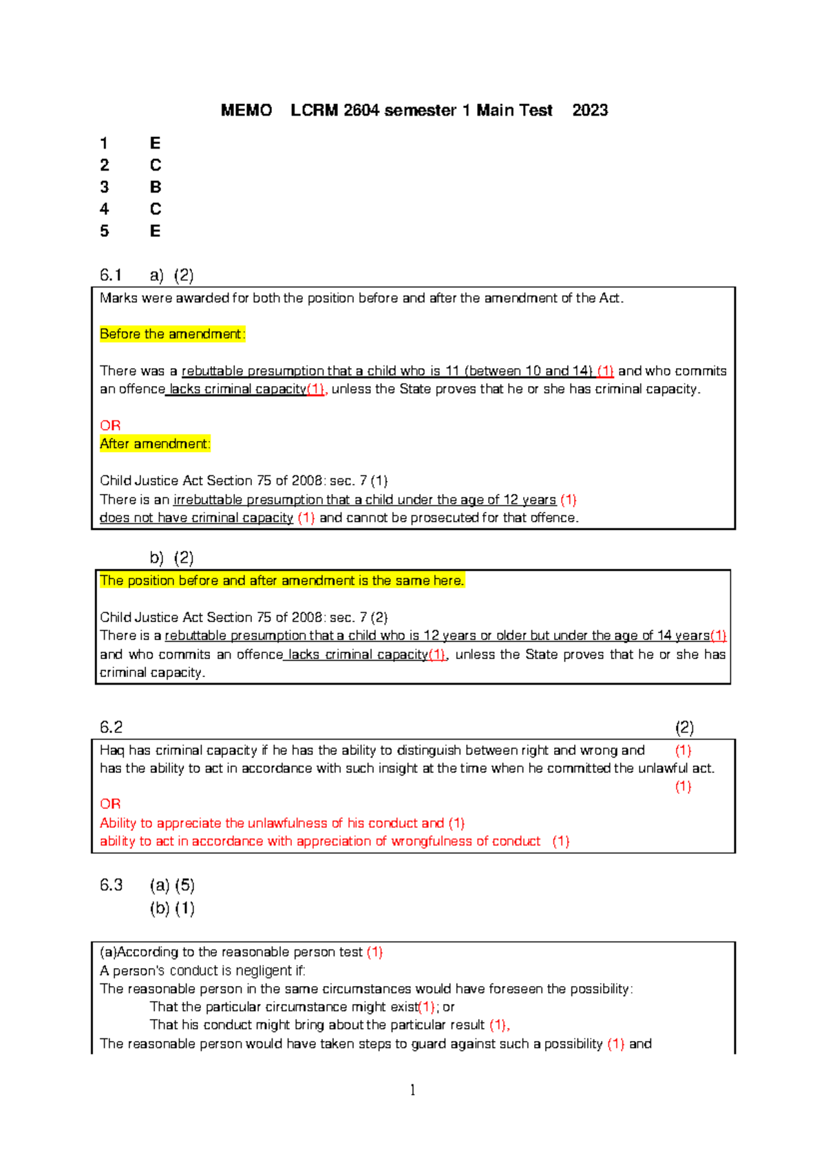 23 LCRM 2604 Main Test 1 Memo Analysis & Answers - Semester 1 2023 ...