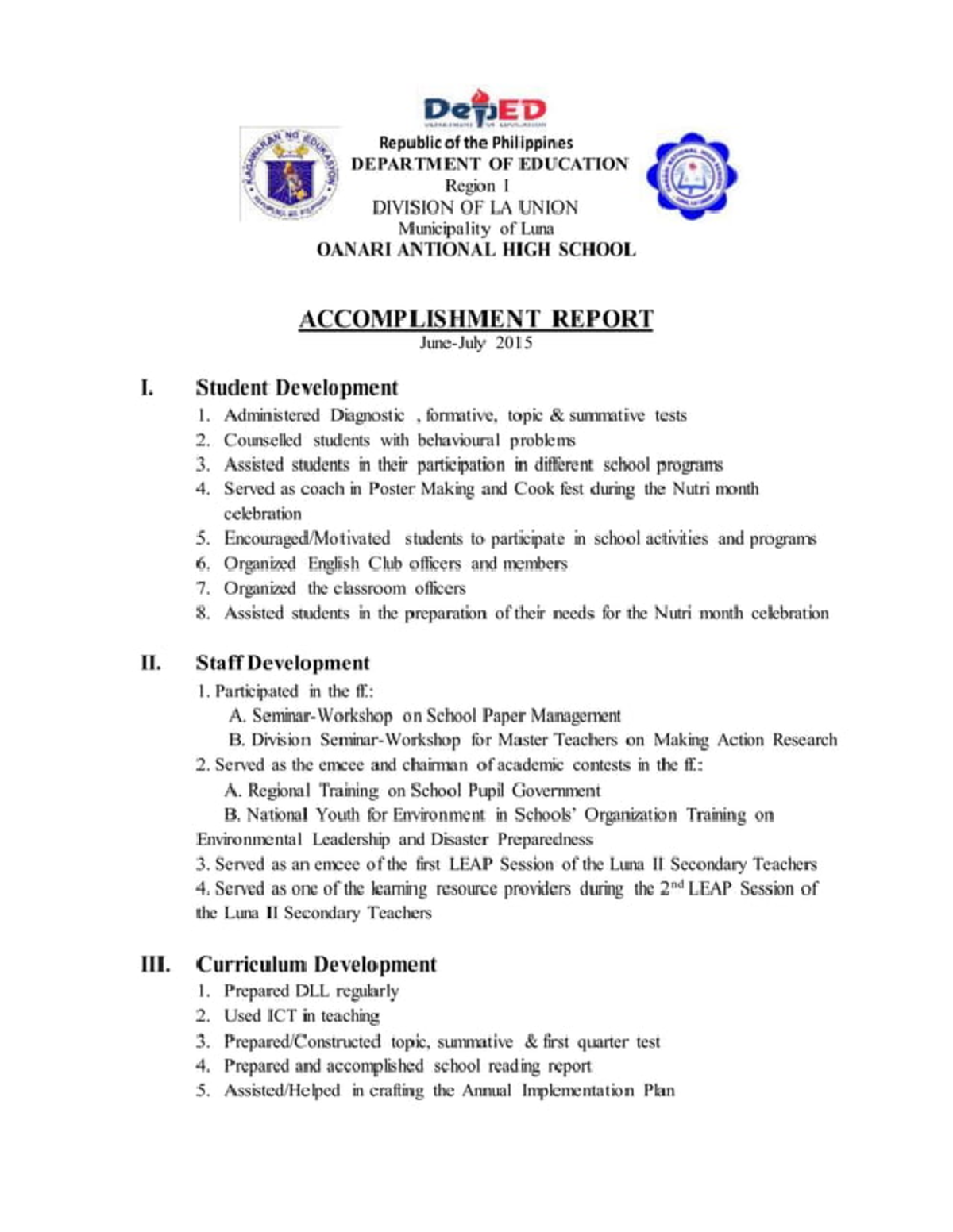 Accomplishment Report 2015: Luna National High School Activities - Studocu
