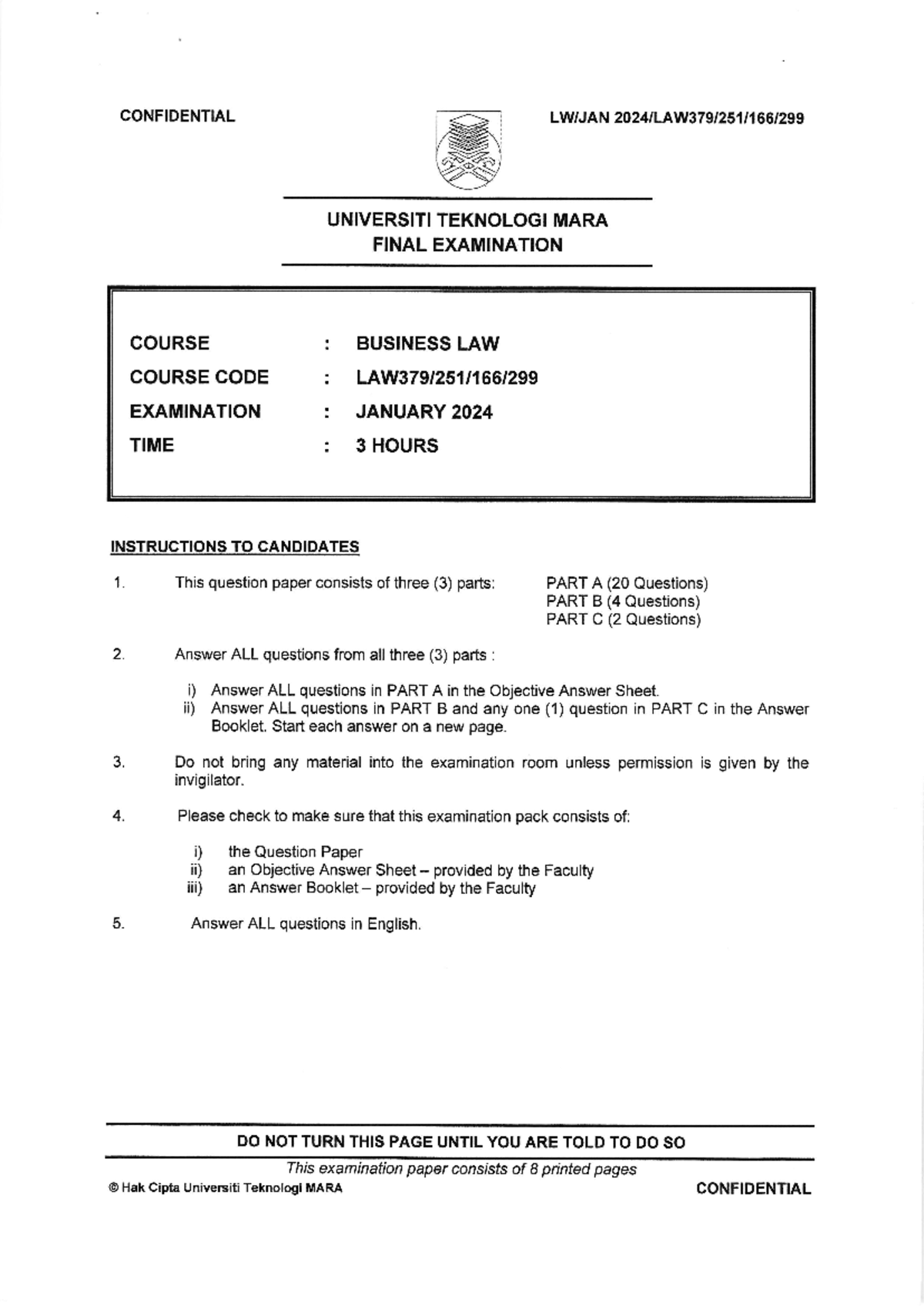 Business Law Final Exam LAW379 - January 2024 Assessment Paper - Studocu