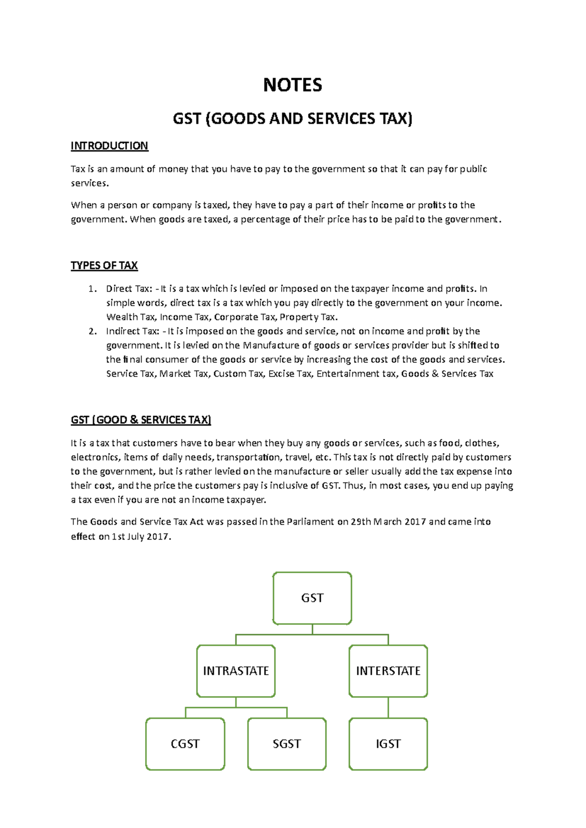 GST - NOTES GST (GOODS AND SERVICES TAX) INTRODUCTION Tax is an amount ...