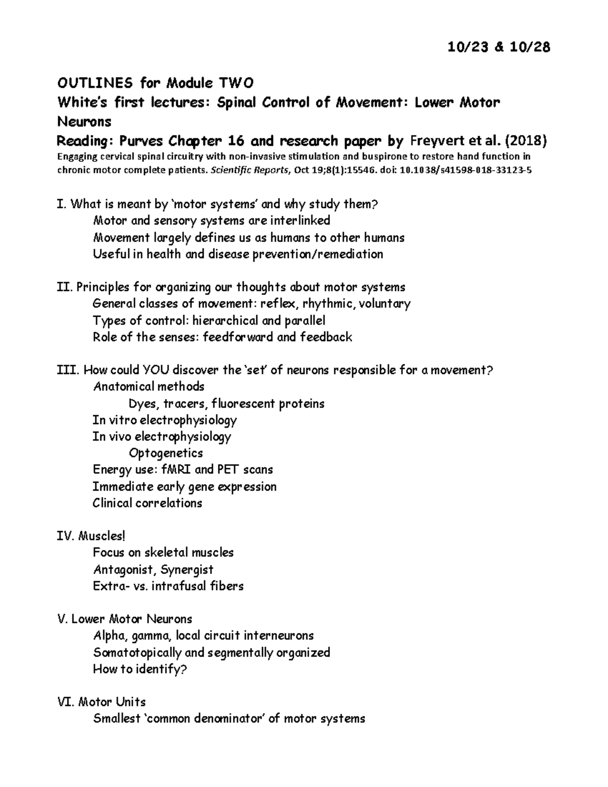 LMN Outline 19 - Lecture Notes on Spinal Control of Movement - Studocu