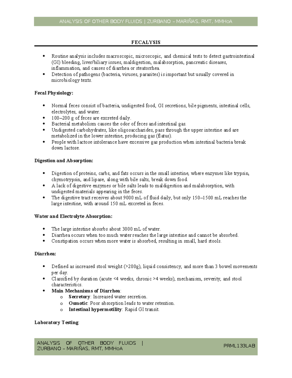Other BODY Fluids PART I - FECALYSIS Routine analysis includes ...