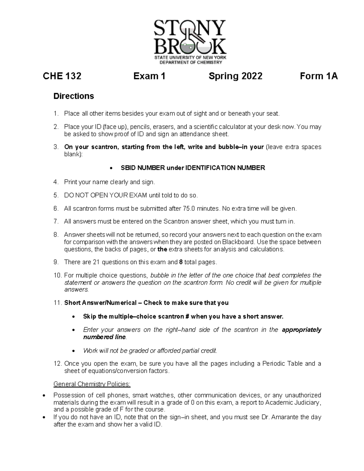 CHE 132 Spring 2022 Exam 1 Instructions & Form 1A Guide - Studocu