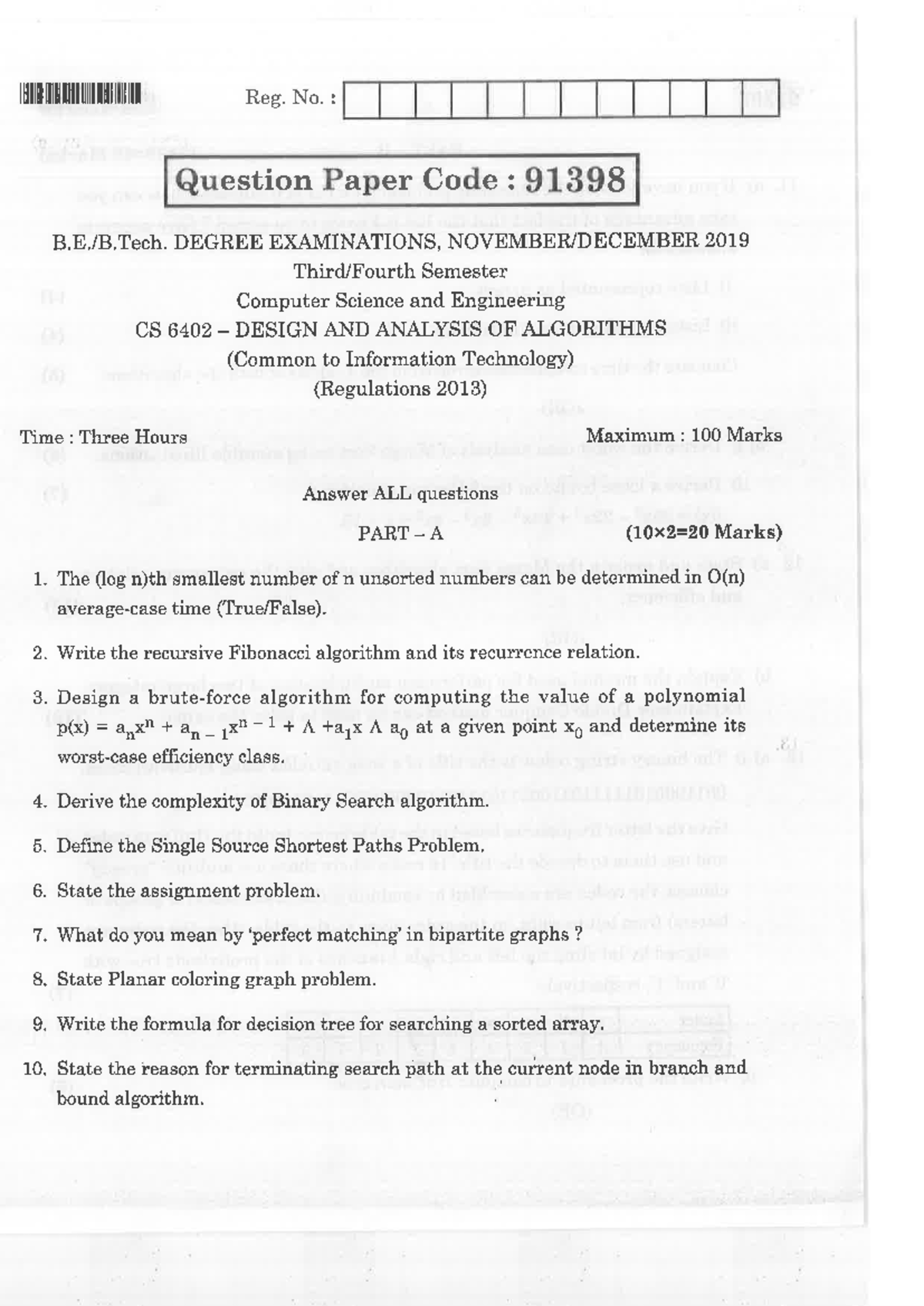 CSE-ND-2019-CS6402-Design & Analysis of Algorithms Question Paper - Studocu
