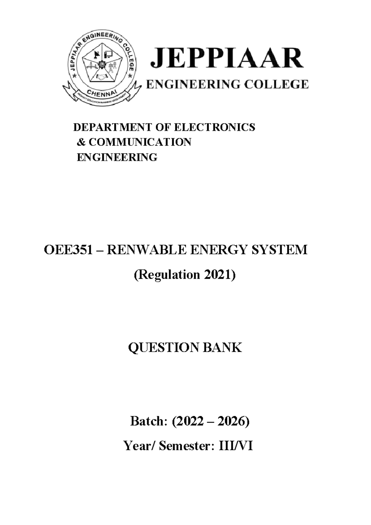 OEE351 Renewable Energy Systems Question Bank (2022-2026) - Studocu