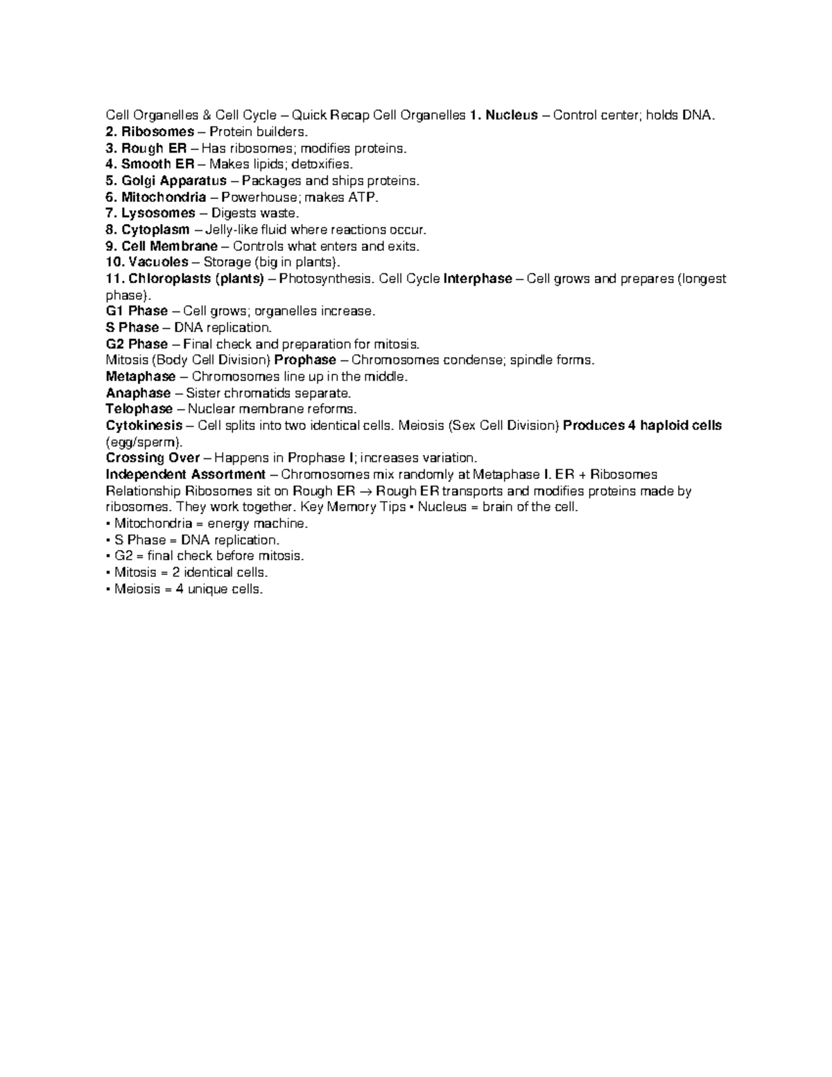 Cell Organelles & Cell Cycle Quick Recap Notes - Studocu