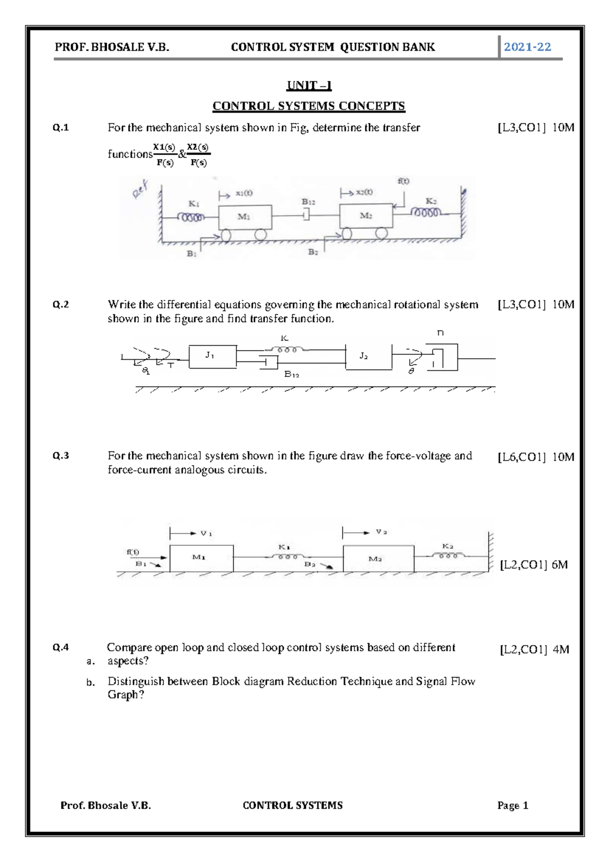TY-COE CONTROL SYSTEMS QUESTION BANK: Prof. Bhosale V.B. - Studocu