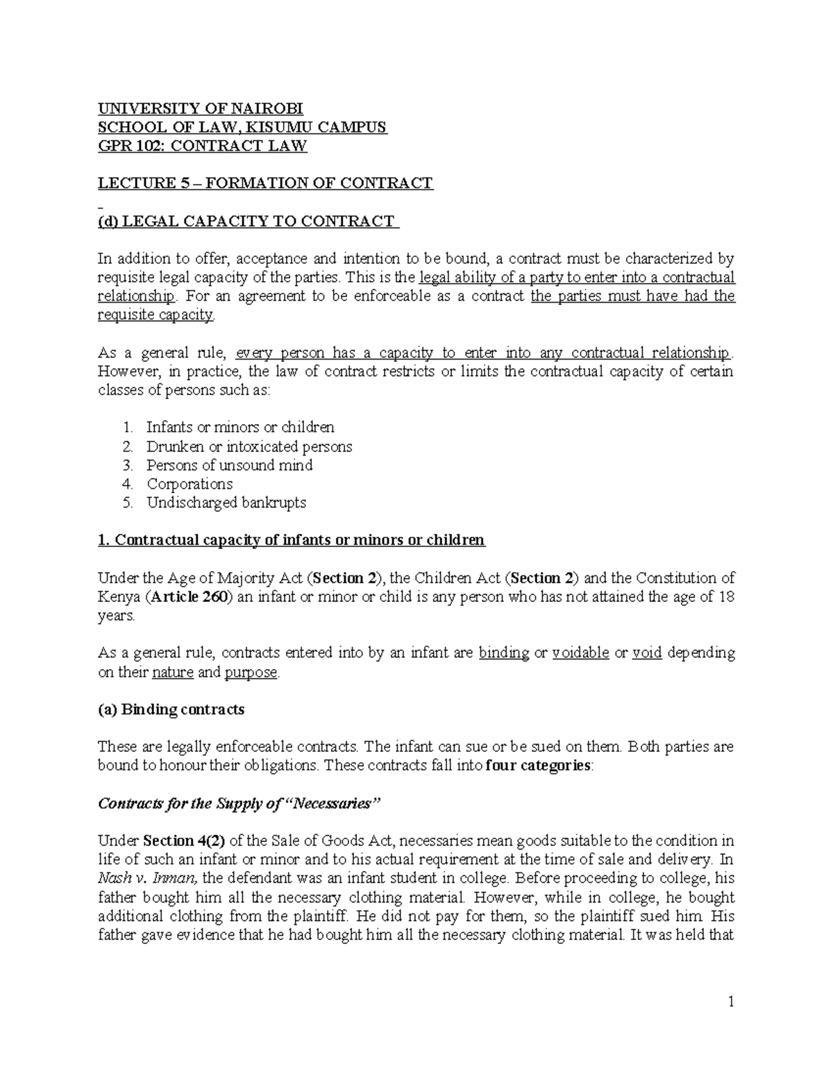 GPR 102: Contract Law I Lecture 5 - Legal Capacity Overview - Studocu