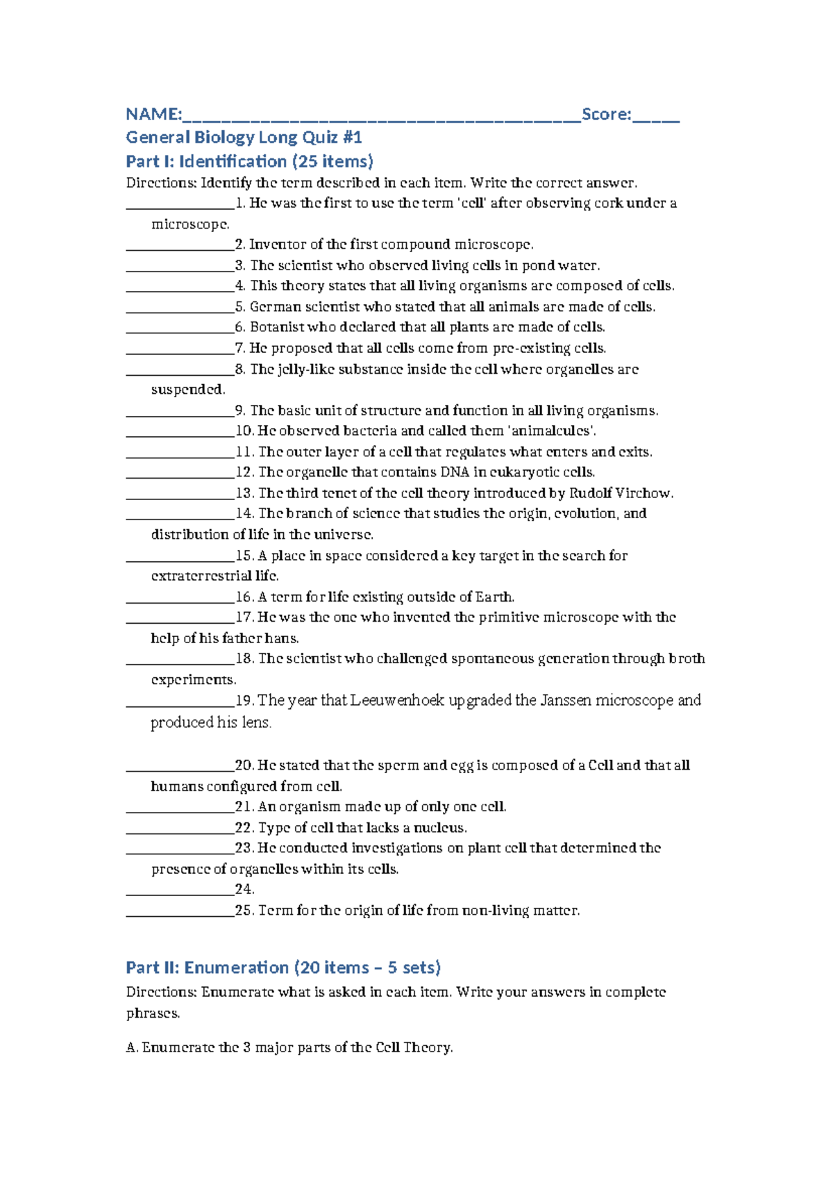 General Biology Long Quiz Part I: Cell Theory & Astrobiology (60 Items ...