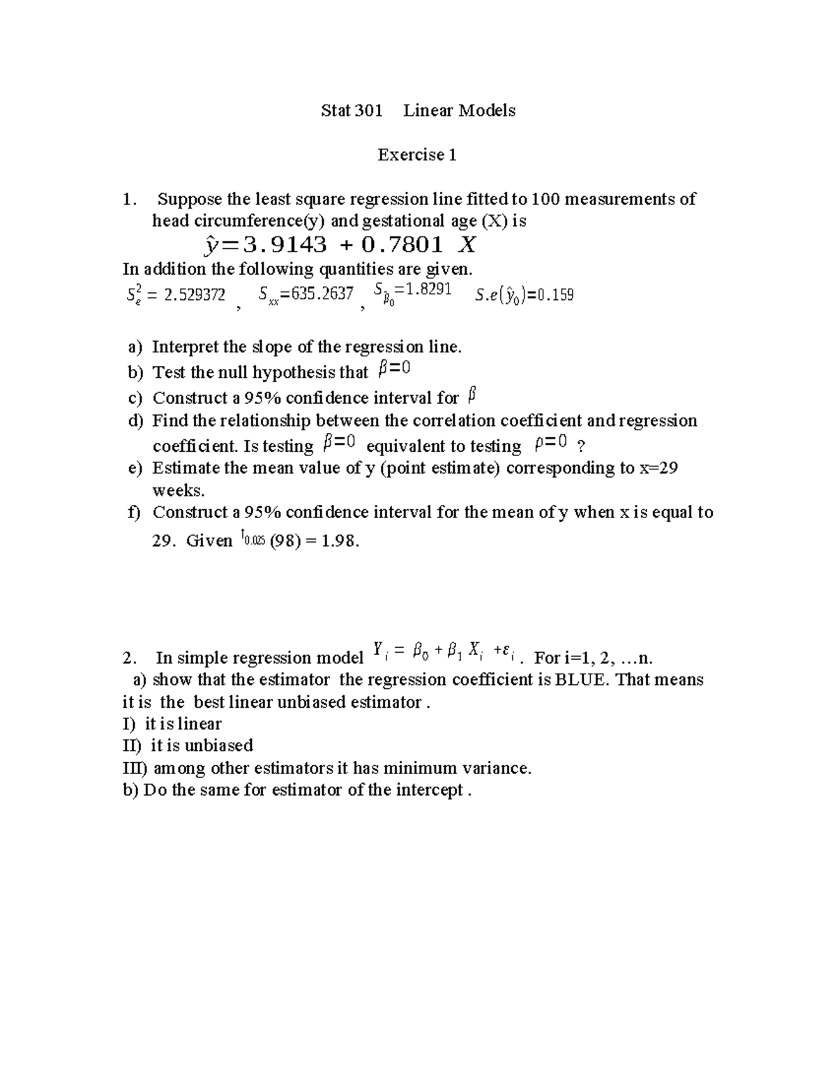 Stat 301: Linear Models Exercise 1 Solutions and Analysis - Studocu