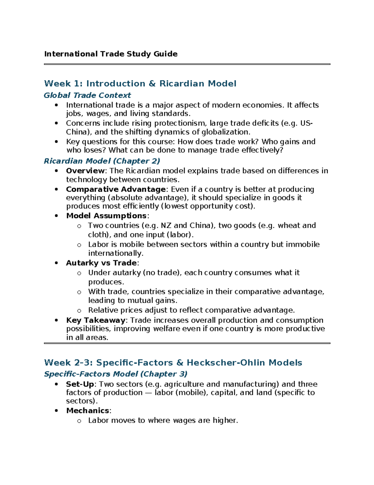 INTL 101 Study Guide: Week 1 - Ricardian Model & Global Trade Context ...