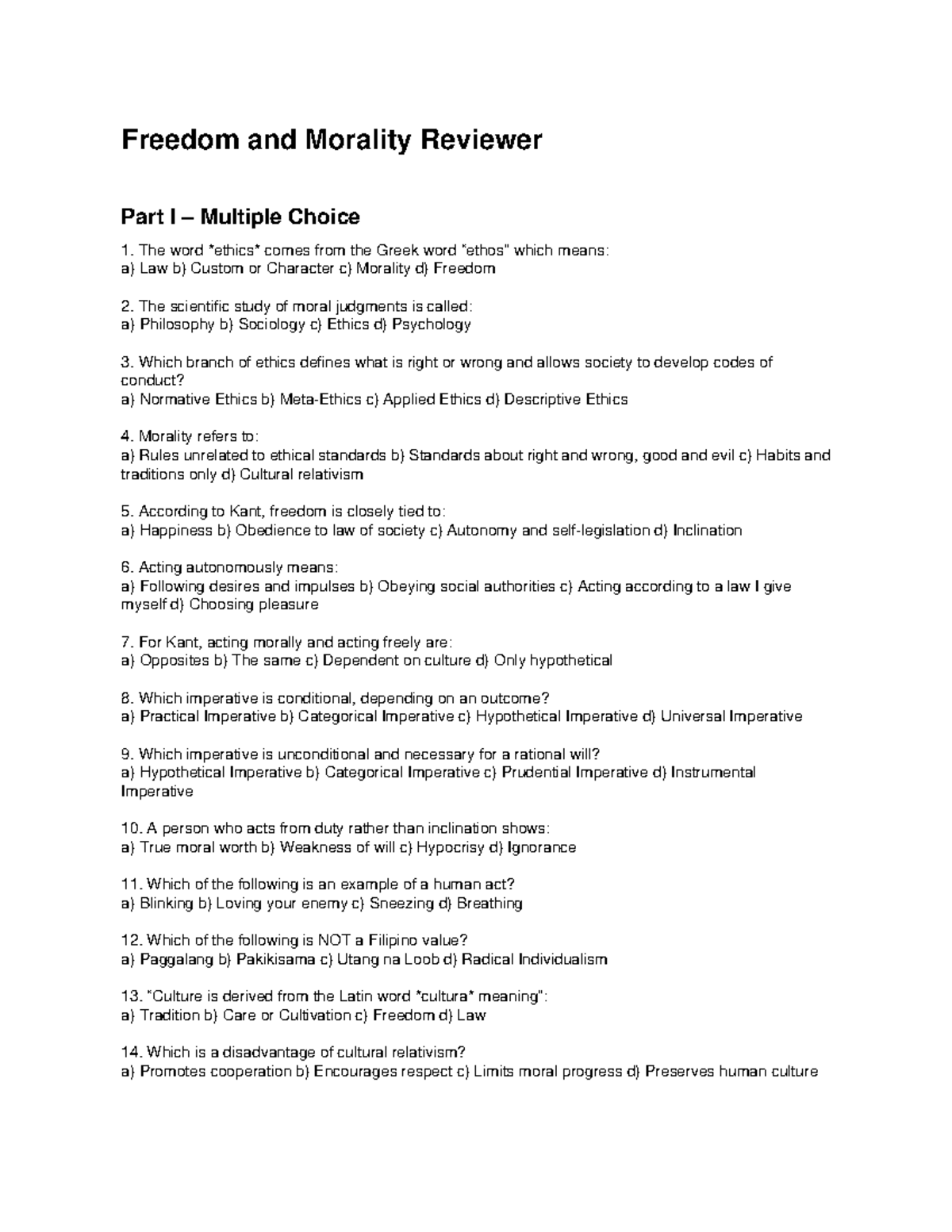 PHIL 101: Freedom and Morality Final Exam Reviewer - Studocu
