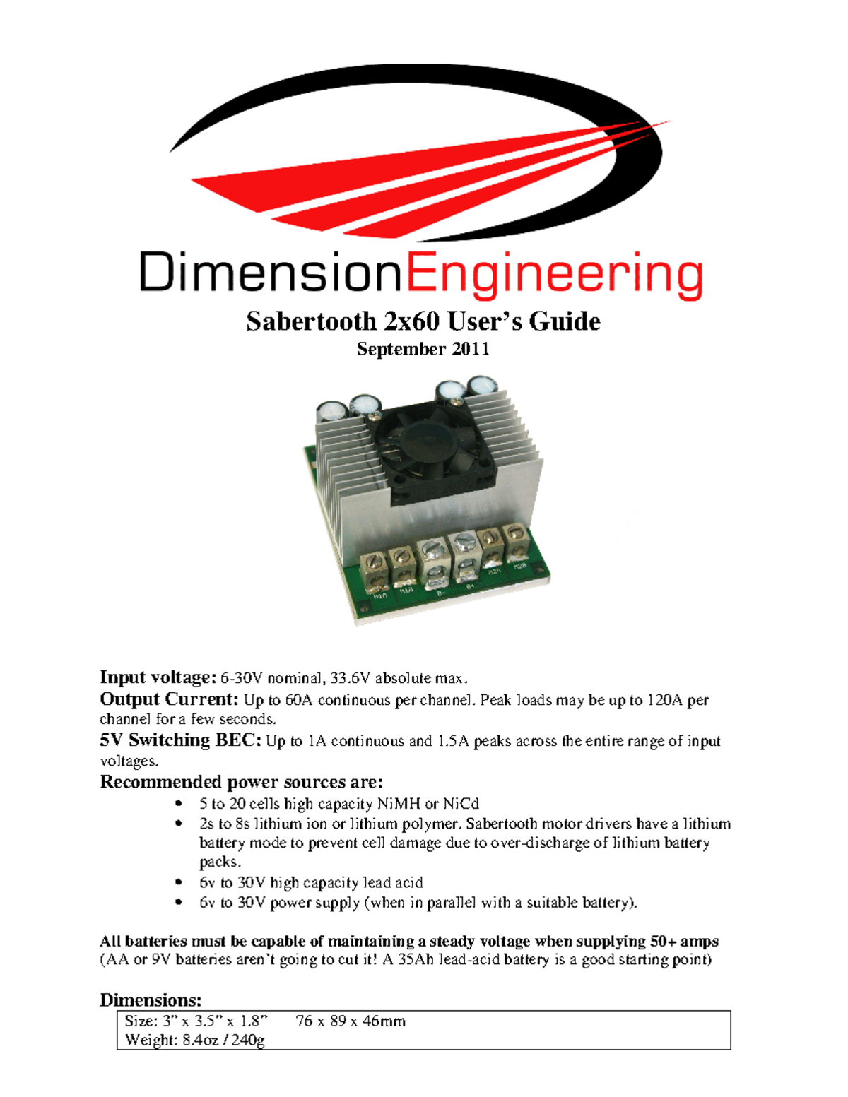 Sabertooth 2x60 Motor Driver User Guide and Technical Specifications ...