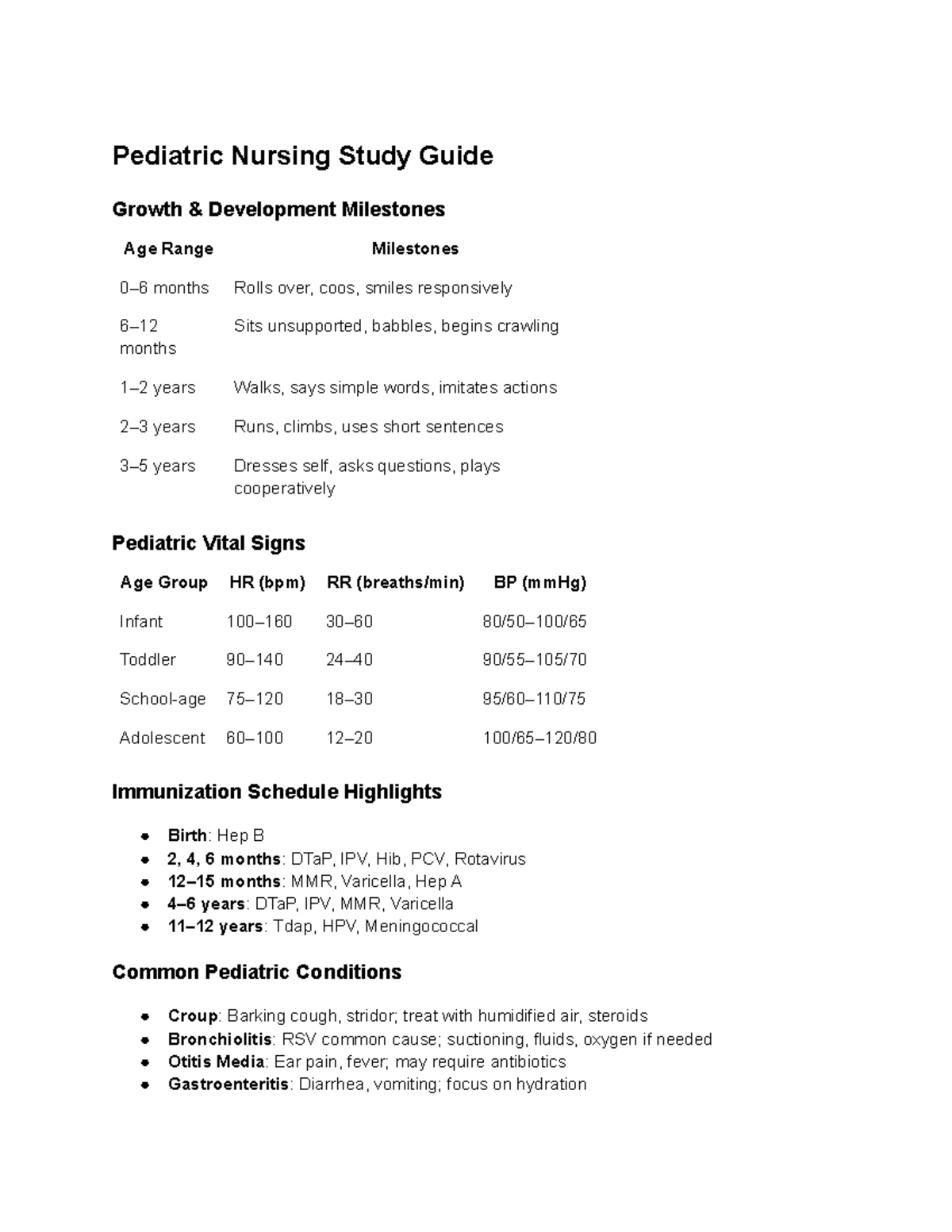 Pediatric Nursing Study Guide: Growth & Development Milestones - Studocu