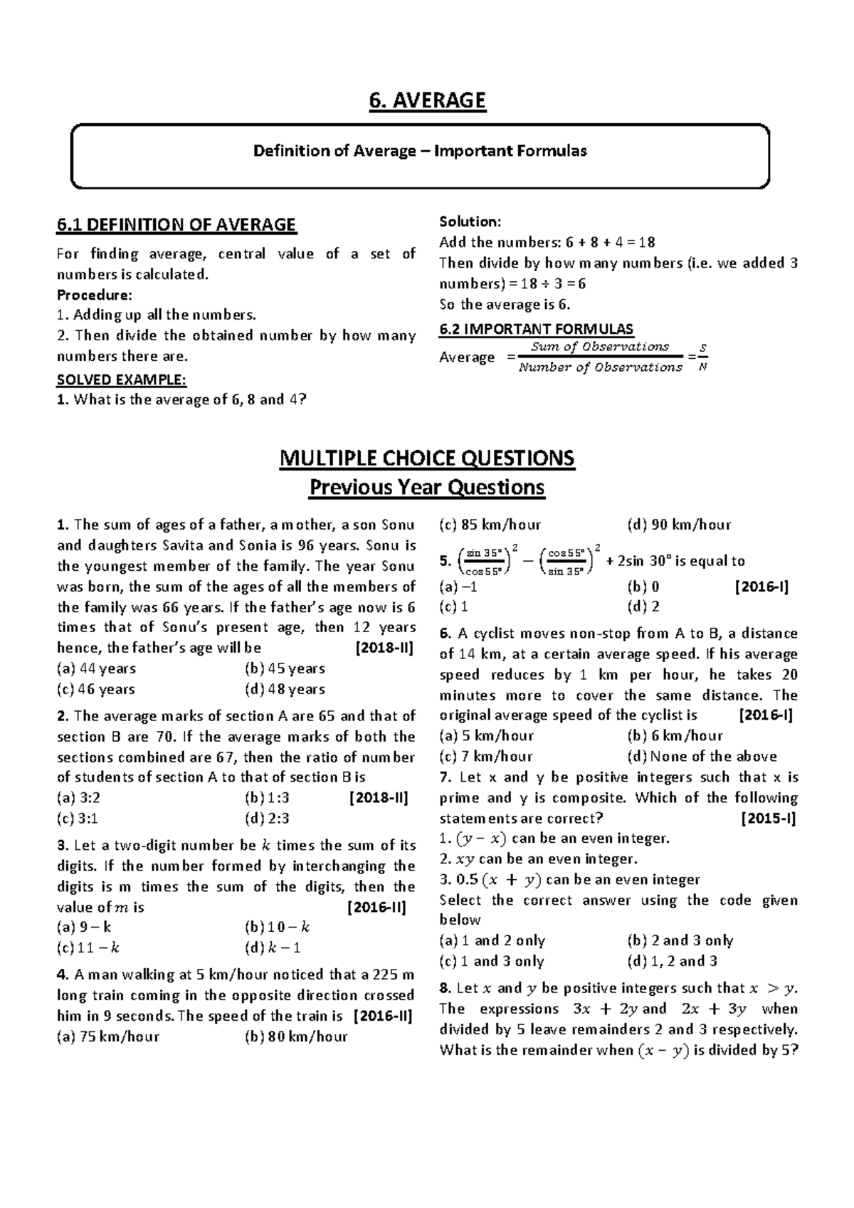 Average 6 - Important Definitions and Practice Questions - Studocu