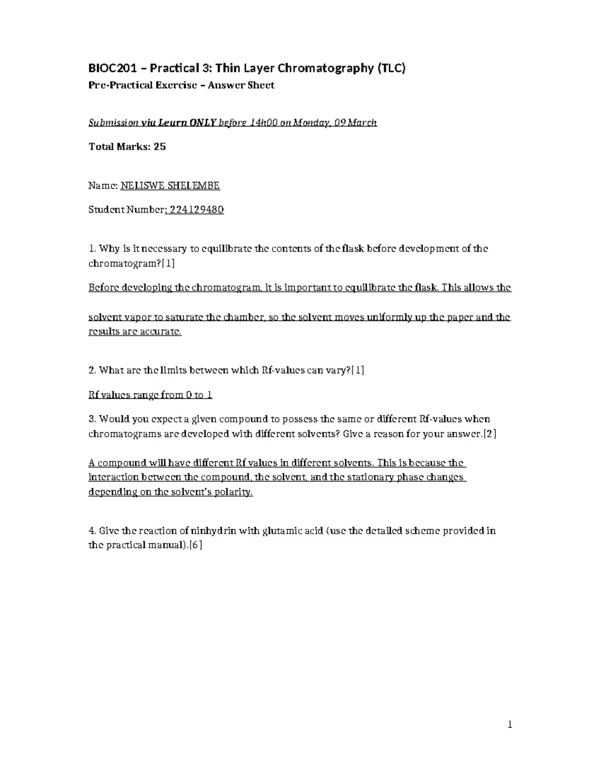 BIOC201 Practical 3: TLC Exercise Answer Sheet Submission - Studocu