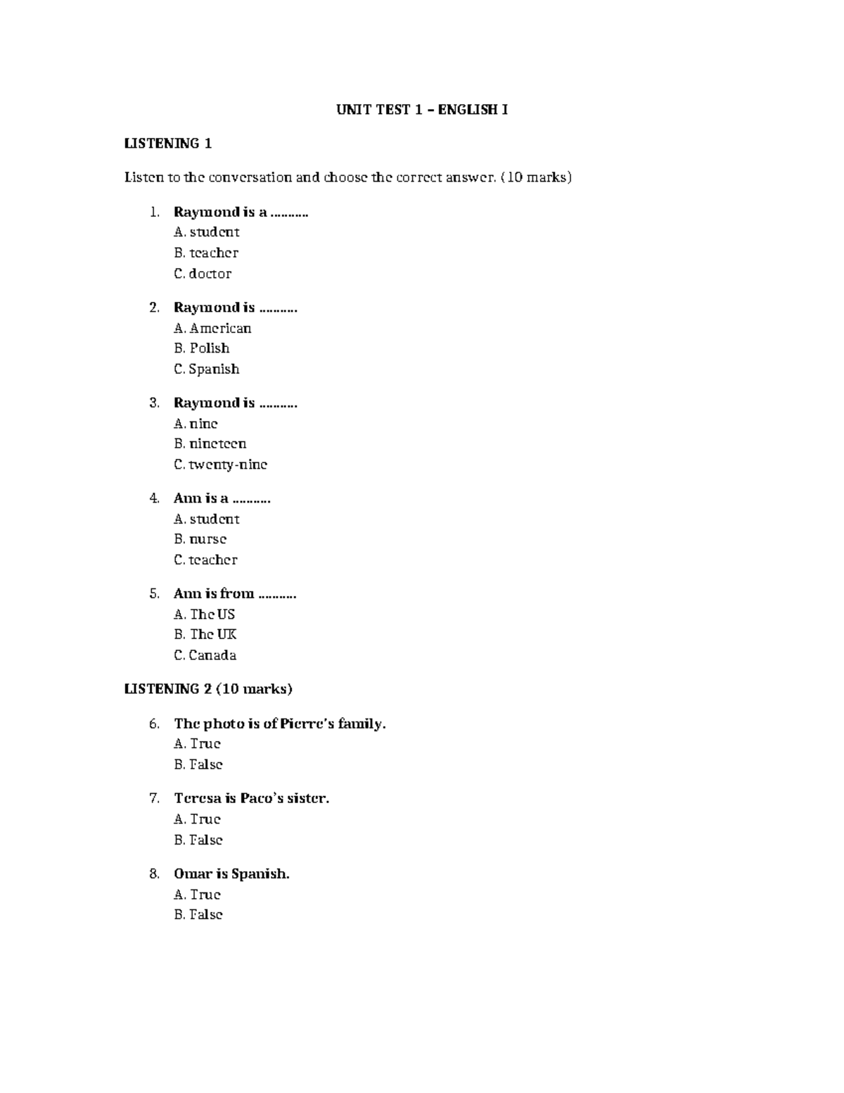Examen Parcial SUBE: UNIT TEST 1 ENGLISH I Listening & Writing - Studocu